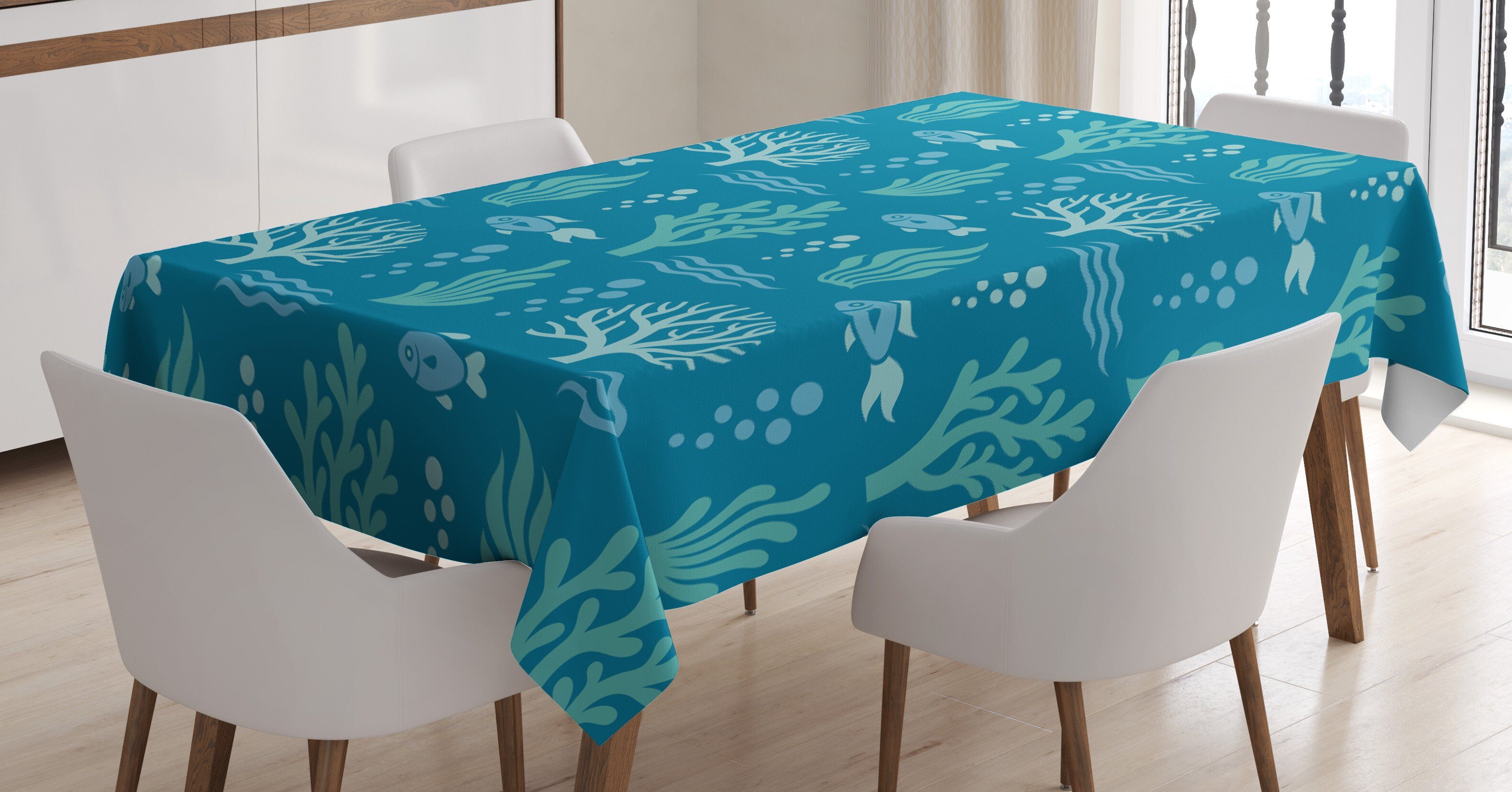 Tischdecke Für geeignet Klare Bubbles Blau Wasser Außen Abakuhaus Algen Bereich Farben, Waves Farbfest Waschbar den