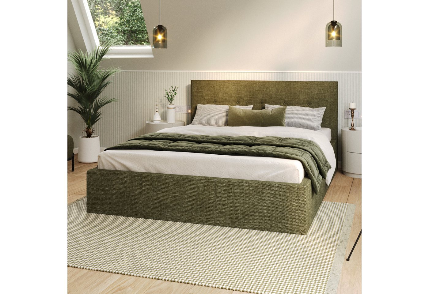 FDM Polsterbett BOHO Bettgestell 90x200, 120x200, 140x200, 160x200, 180x200cm (Polsterbett modern mit Bettkasten MADE IN EU - mit hochwertigem Ottawa Bezug, verfügbar 90x200 120x200 140x200 160x200 180x200cm, Bettrahmen, Bett, mit großen gepolsterten Kopf