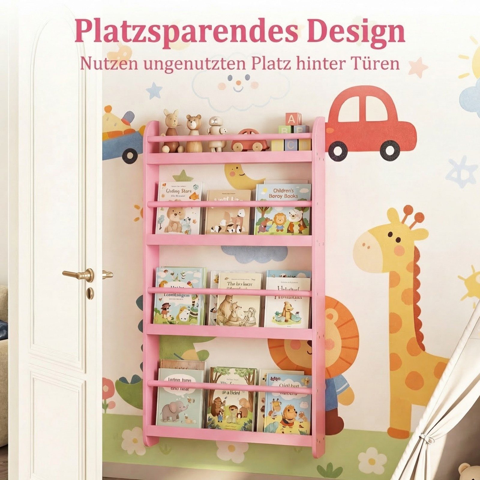 COSTWAY Kinderregal, Bücherregal für Kinder mit 4 Ablagen Wandmontage 56x12x107cm
