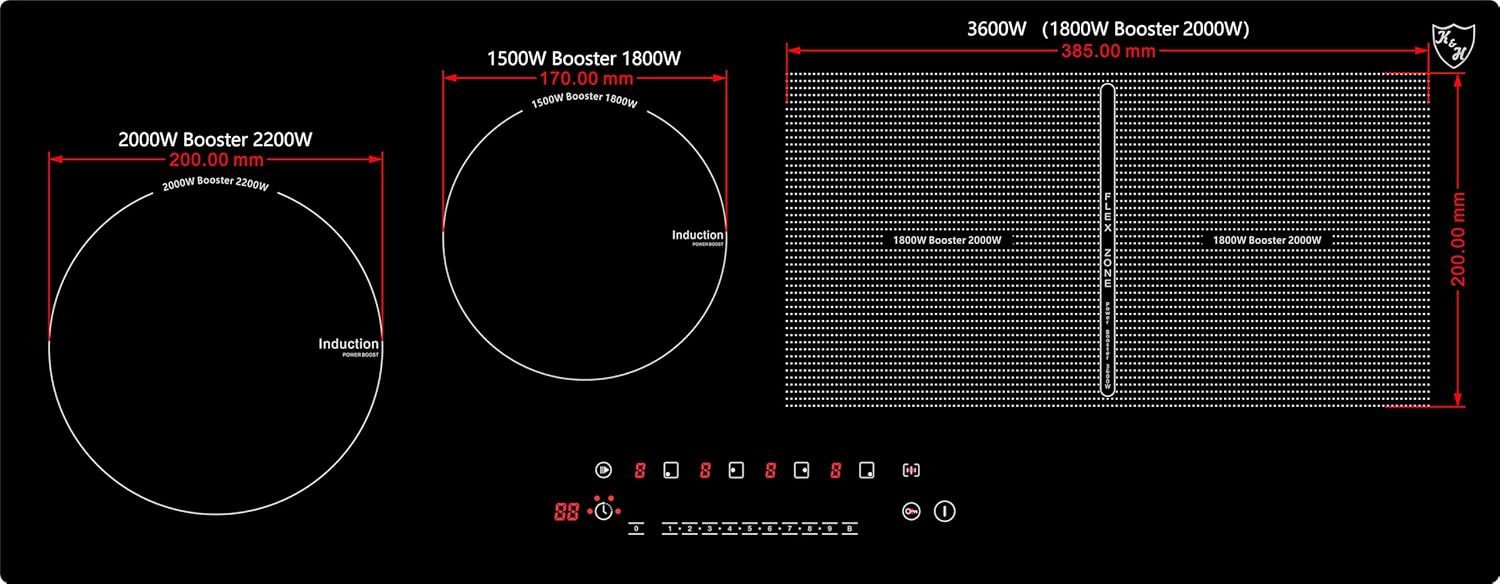 K&H Flex-Induktions-Kochfeld S90-IN-6000FLX, Topferkennung Ein/Aus Schalter Timer Restwärmeanzeige