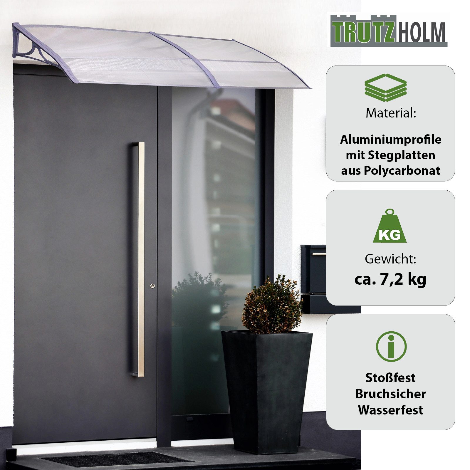 TRUTZHOLM Vordach Haustürvordach 295 x 97 cm Hohlkammerplatte Aluabschlussleiste grau (1 St)