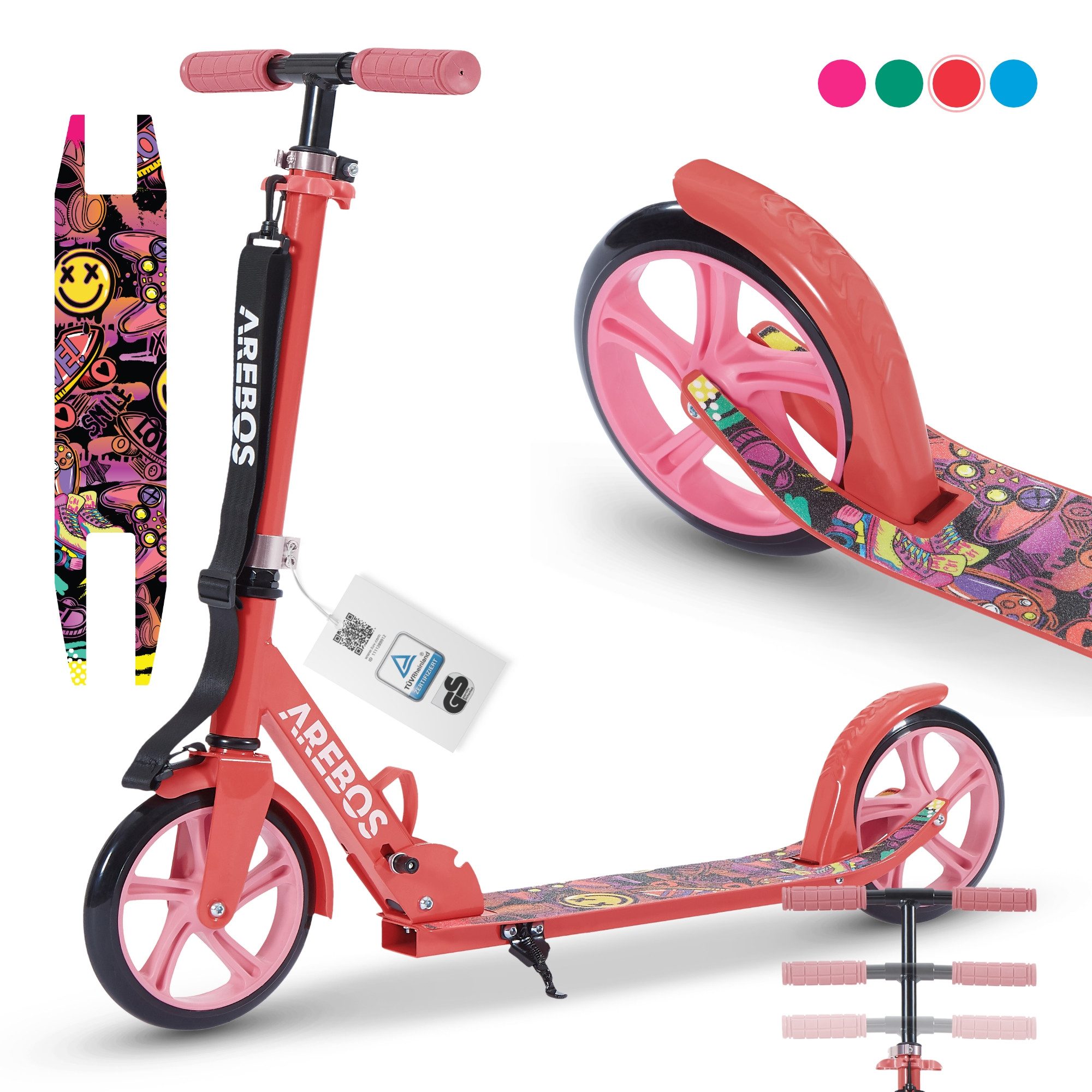 Arebos Tretroller klappbar höhenverstellbar 78–93 cm, ab 6 Jahre, 100 kg, 0 W, Fahrspaß überall: ideal für Schule, Freizeit oder kurze Wege