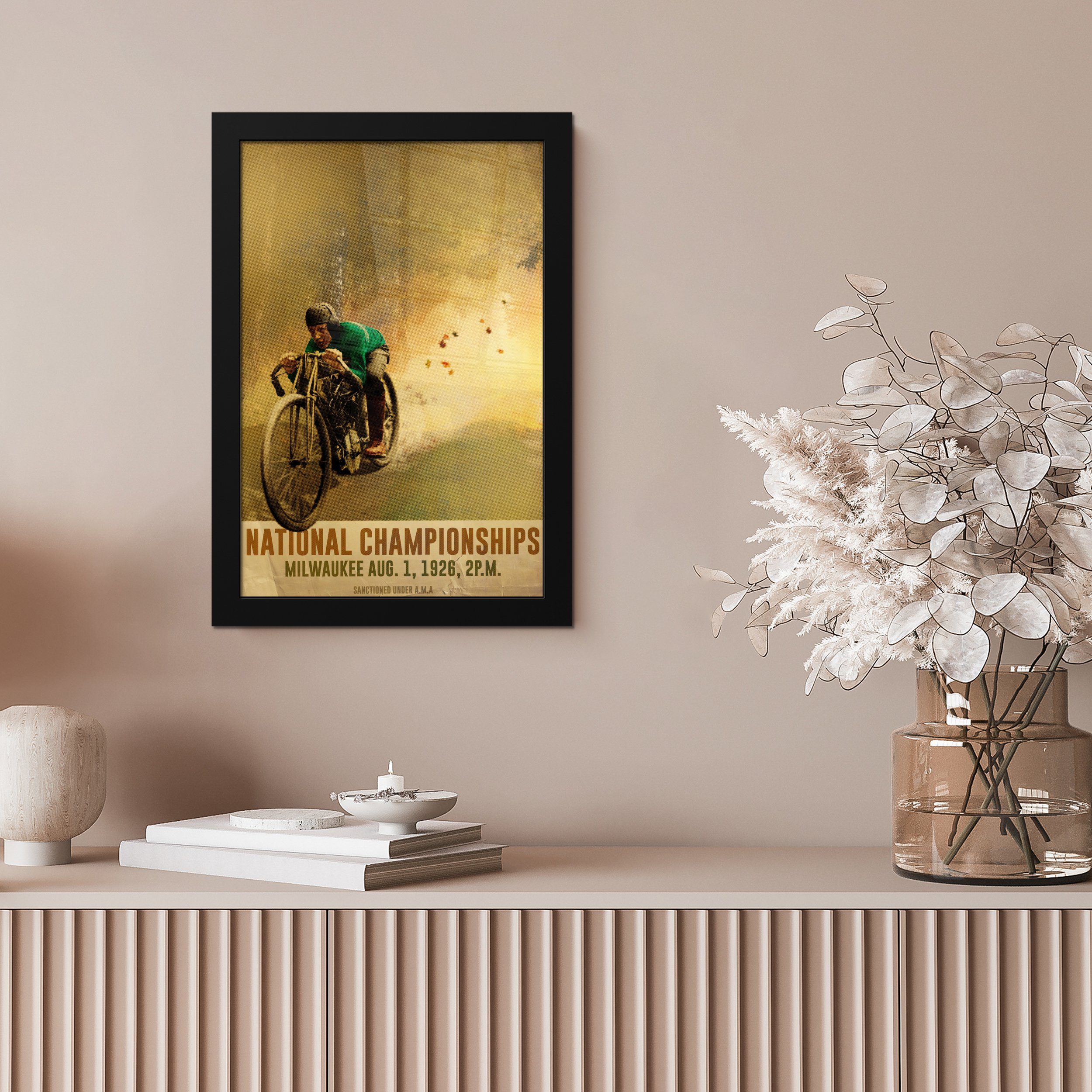 MuchoWow Poster Mancave - Motorrad Vintage - Bilderrahmen - Bilder, Wandposter, (1 Gerahmtes St), Wanddeko, Poster, Schwarzem Rennen