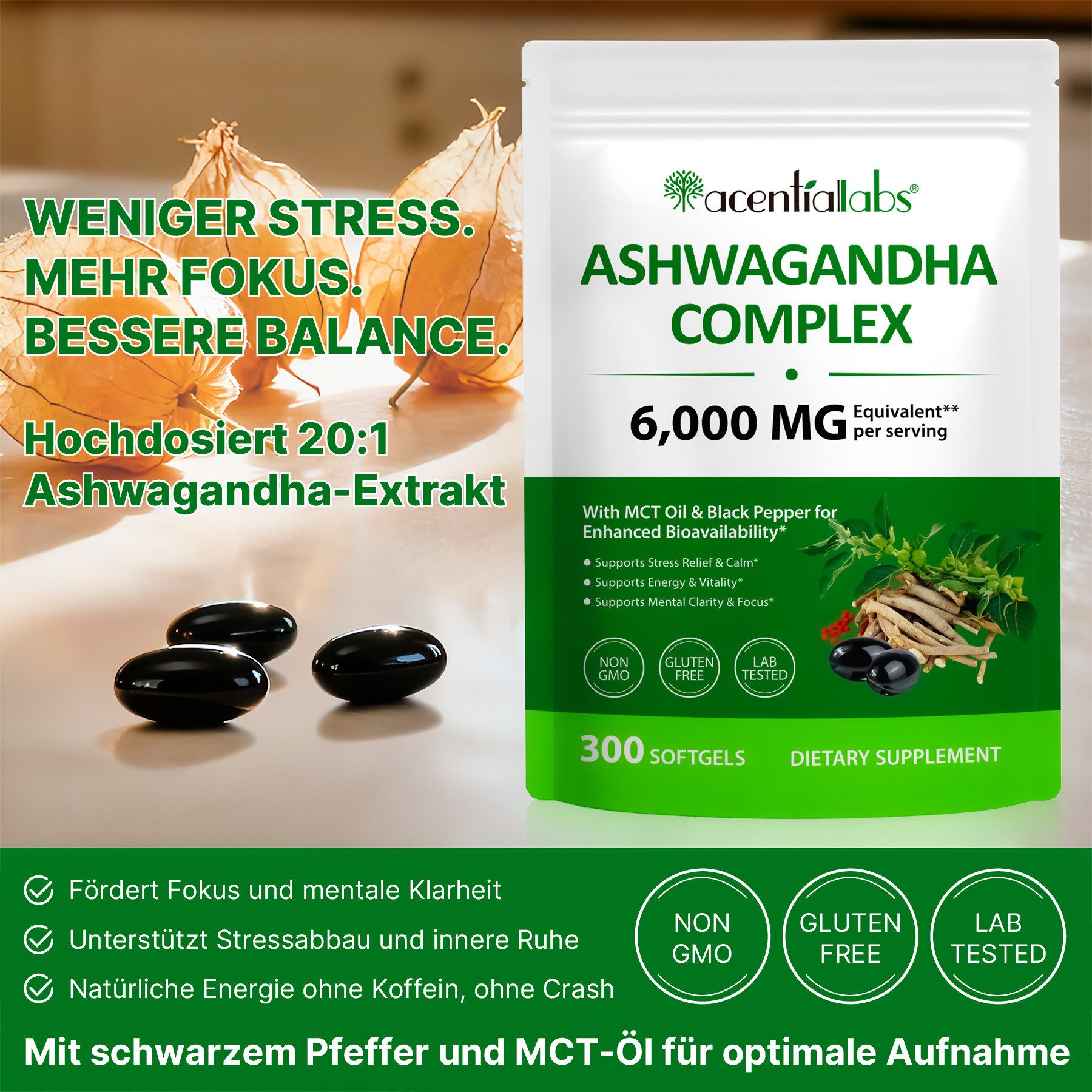 Acentiallabs Ashwagandha Extrakt Komplex Hochdosiert 300 Softgels Laborgeprüft Softgels, Ashwagandha-Extrakt, Softgels, Nahrungsergänzungsmittel