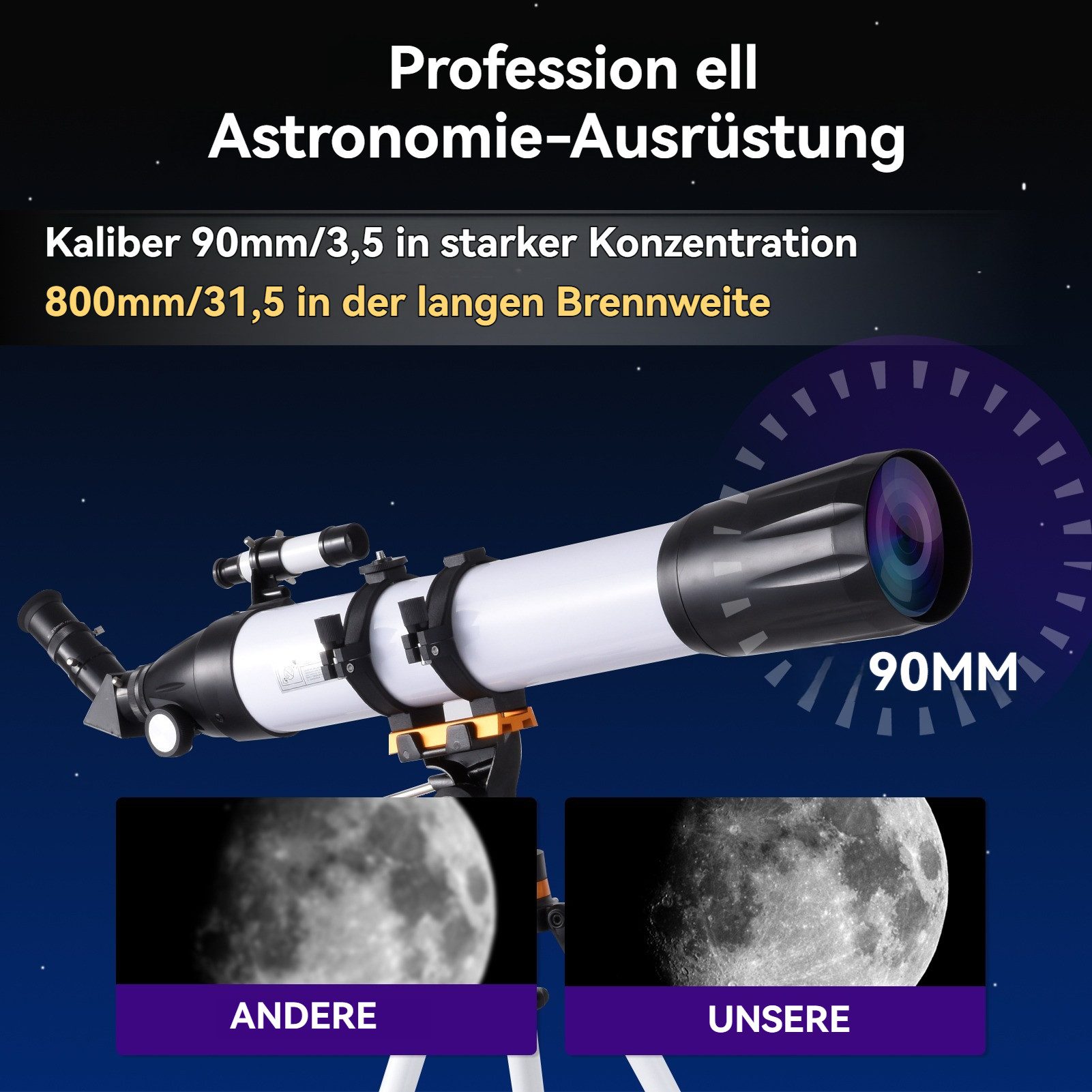 Vellora Teleskop Astronomisches Teleskop, 90-mm-Refraktor, 800-mm-Brennweite, tragbar, Kommt mit Stativ
