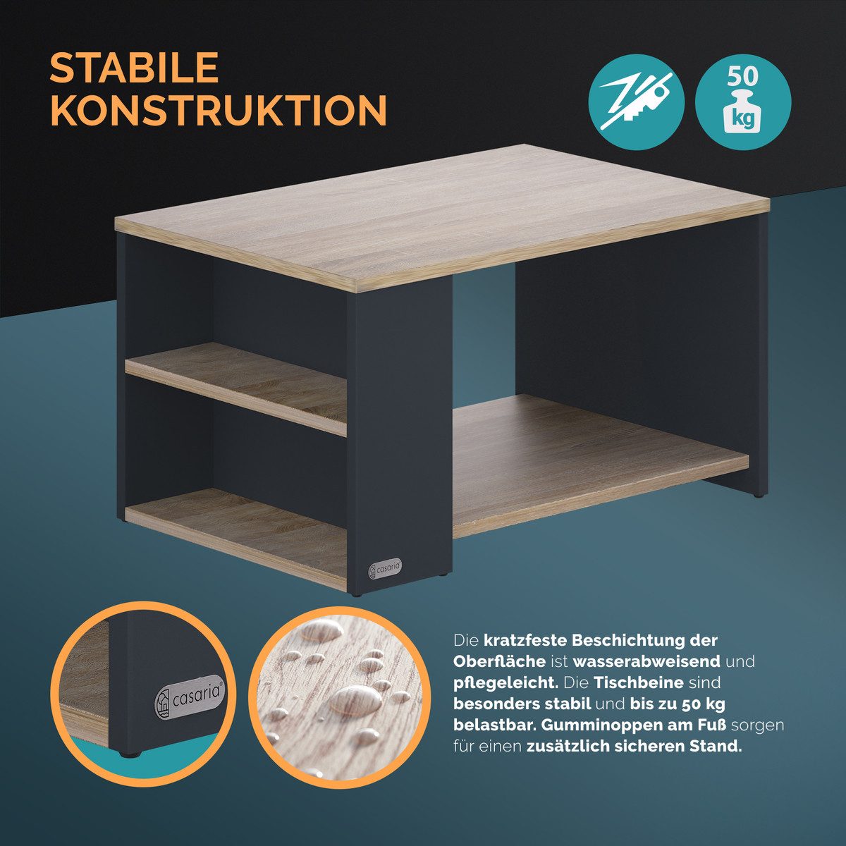Casaria Couchtisch Santa Cruz, Holz Grau Wohnzimmertisch mit Stauraum 90x60x50cm 2 Ablagen Modern – Bild 5 von 5