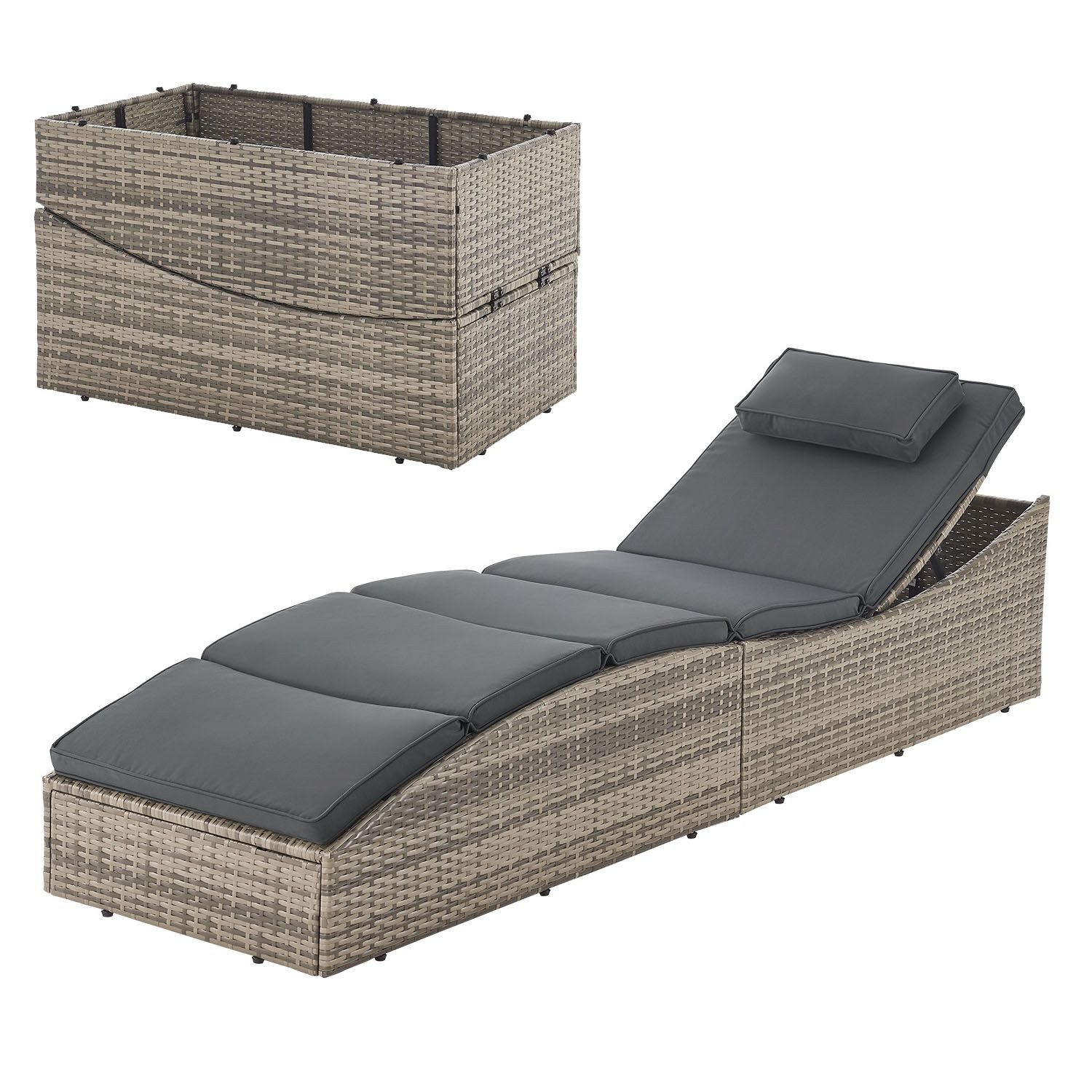Juskys Wellnessliege Lamia, Polyrattan Liege, klappbar, Kopfteil verstellbar, 160 kg belastbar