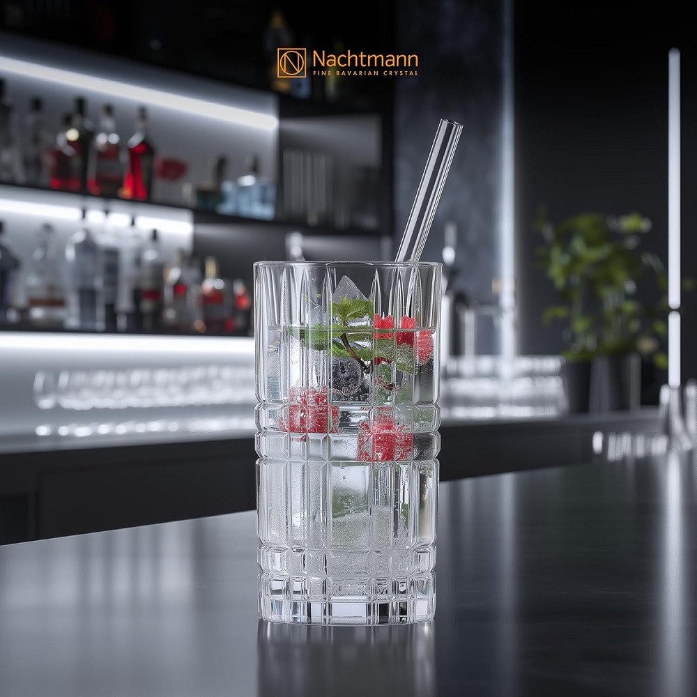 Nachtmann Longdrinkglas Nachtmann Square Longdrink 445ml 4er Set + Trinkhalme, Kristallglas