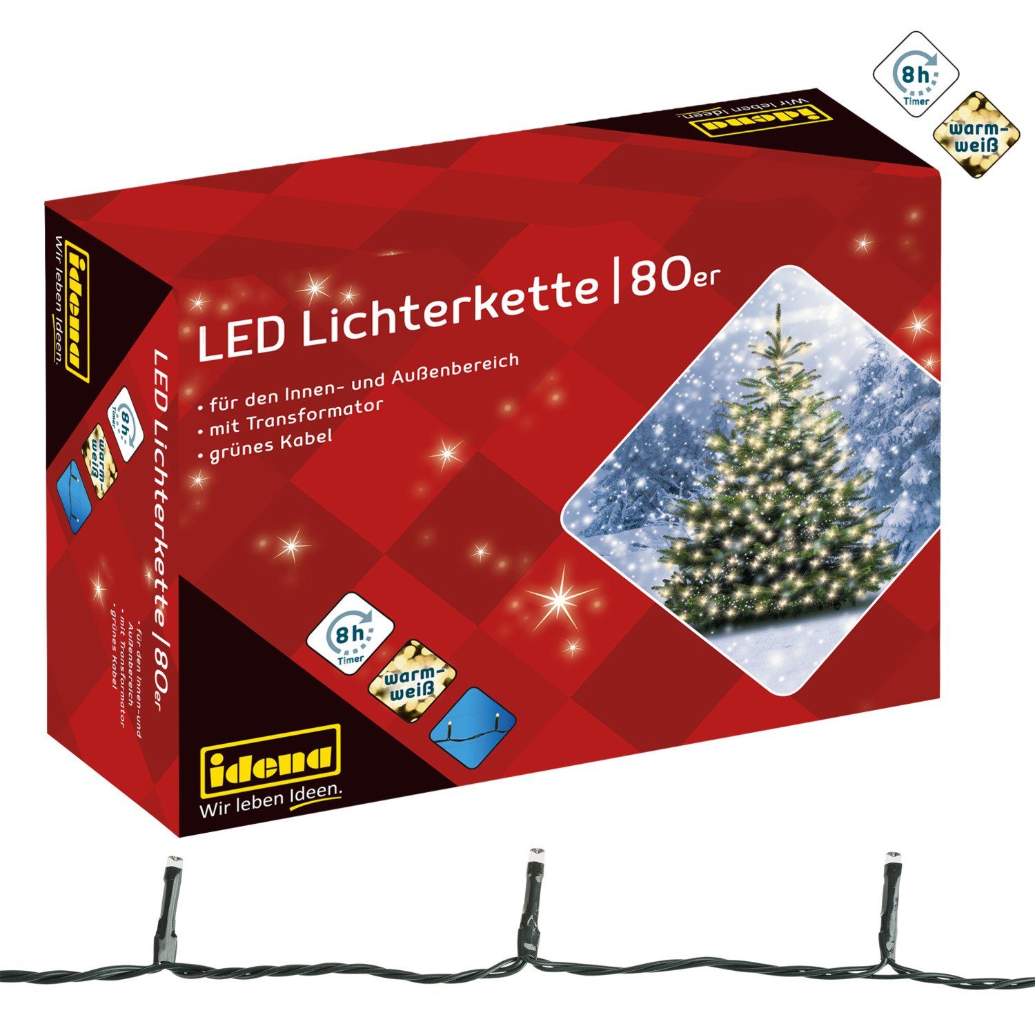 Idena LED-Lichterkette Idena 8325058 - LED Lichterkette mit 80 LEDs in Warmweiß, mit 8 Stunde