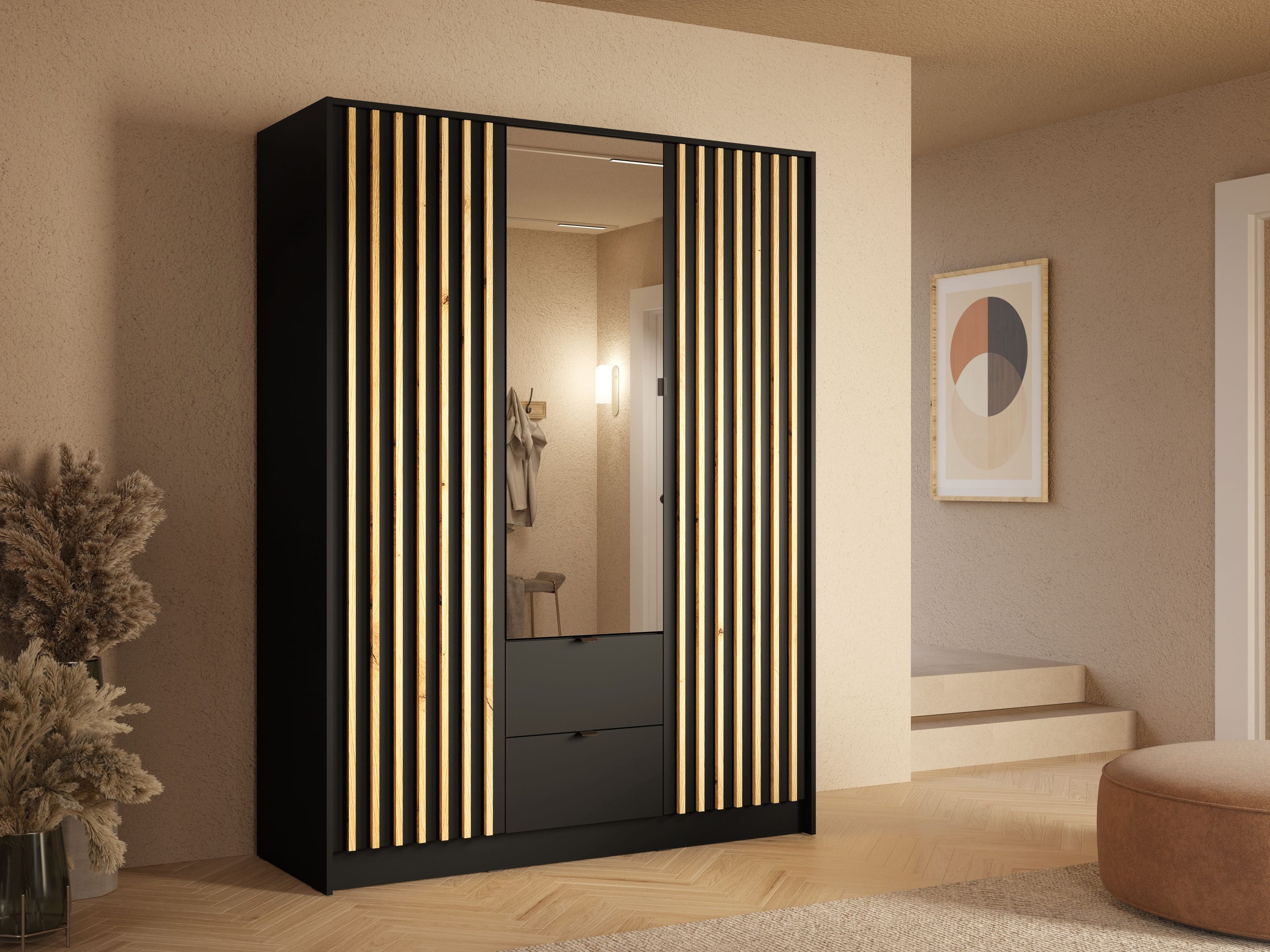 Raumhirsch Furniture Kleiderschrank Garderobenschrank, Drehtürenschrank, Schrank mit Spiegel (Maße: 150,8 x 54,5 x 200,5 cm, einfache Montage) Lamellen, Kleiderstange, 2 Schubladen, 3-türig