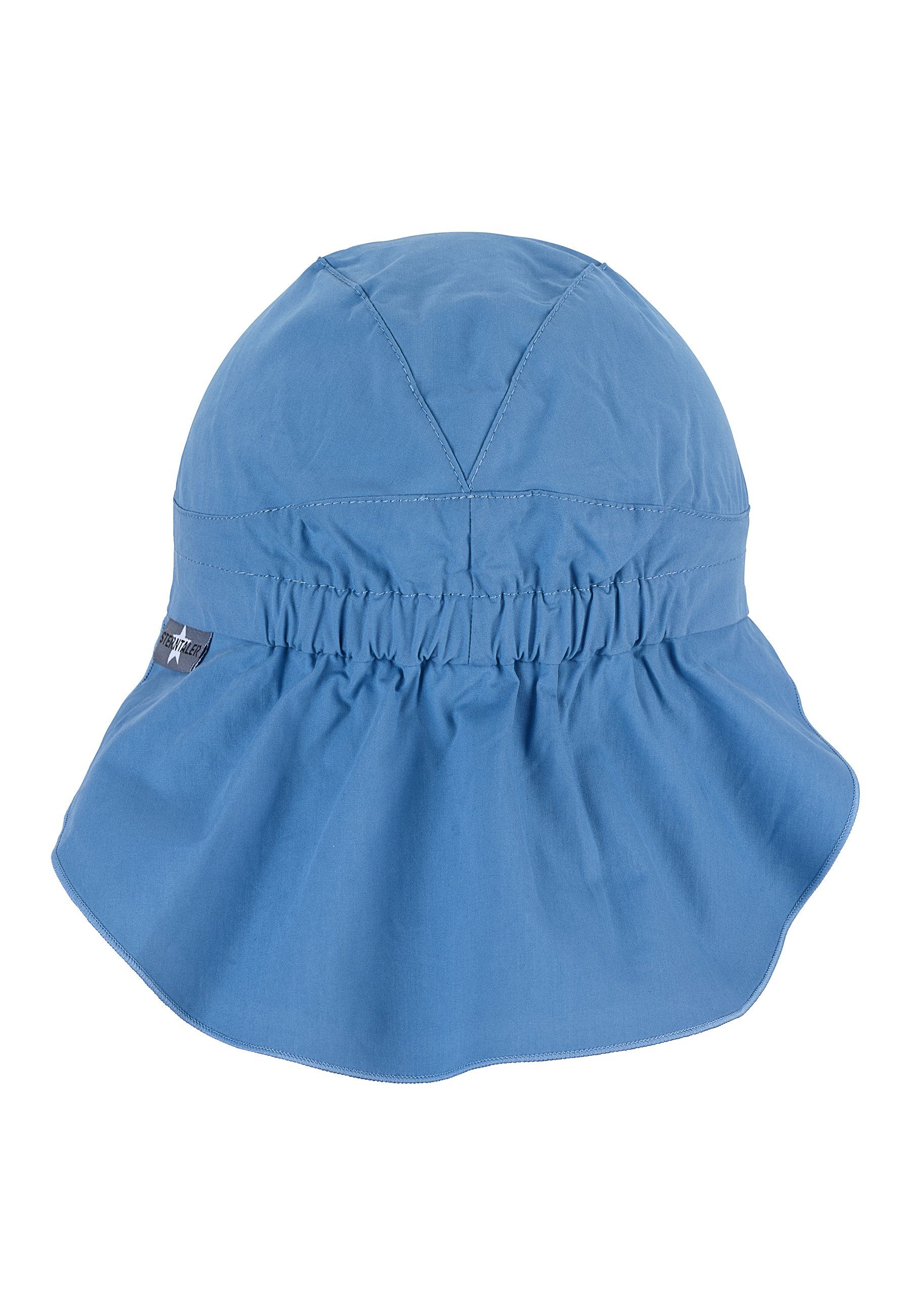 aus Beanie Sterntaler® UV-Sonnenschutz bedruckt mid mit Nackenschutz (1-St., 50) unifarben Erstlingsmütze mit Schirmmütze UV-Popeline mit Schirm blue Sternen Kindermütze