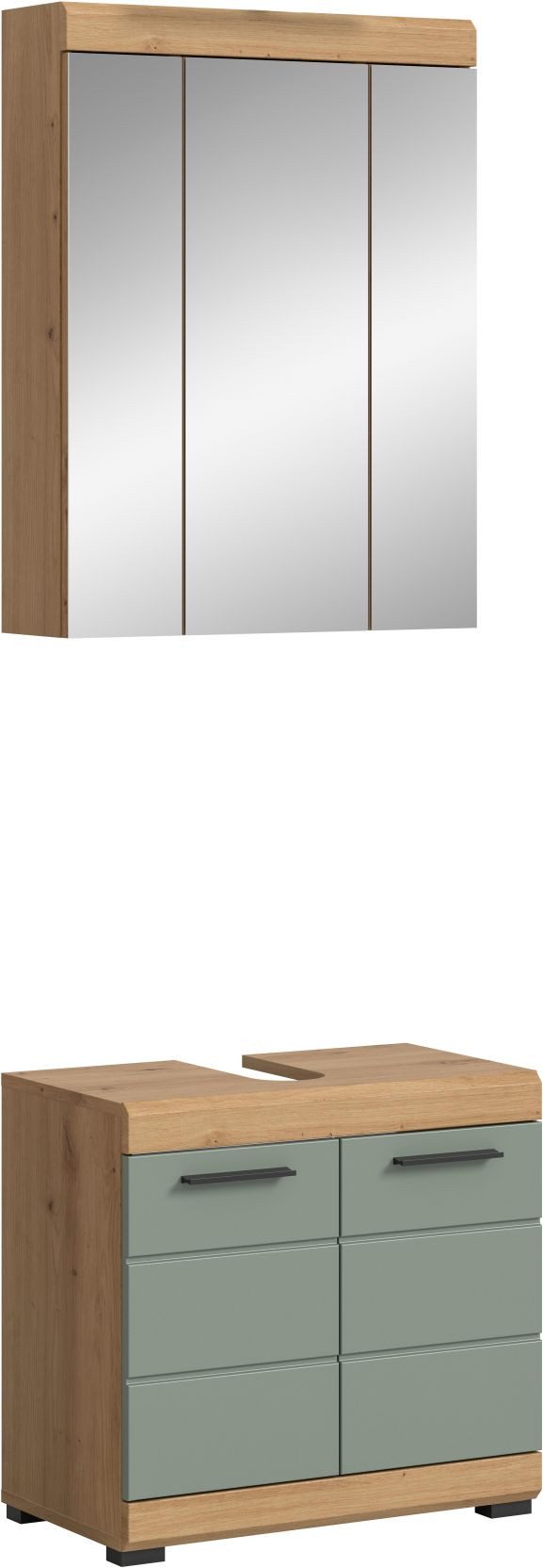 xonox.home Badmöbel-Set, (2tlg. Set bestehend aus Waschbeckenunterschrank, Spiegelschrank), Artisan Eiche Nachbildung Salbei Nachbildung Melamin 60x191x34 cm
