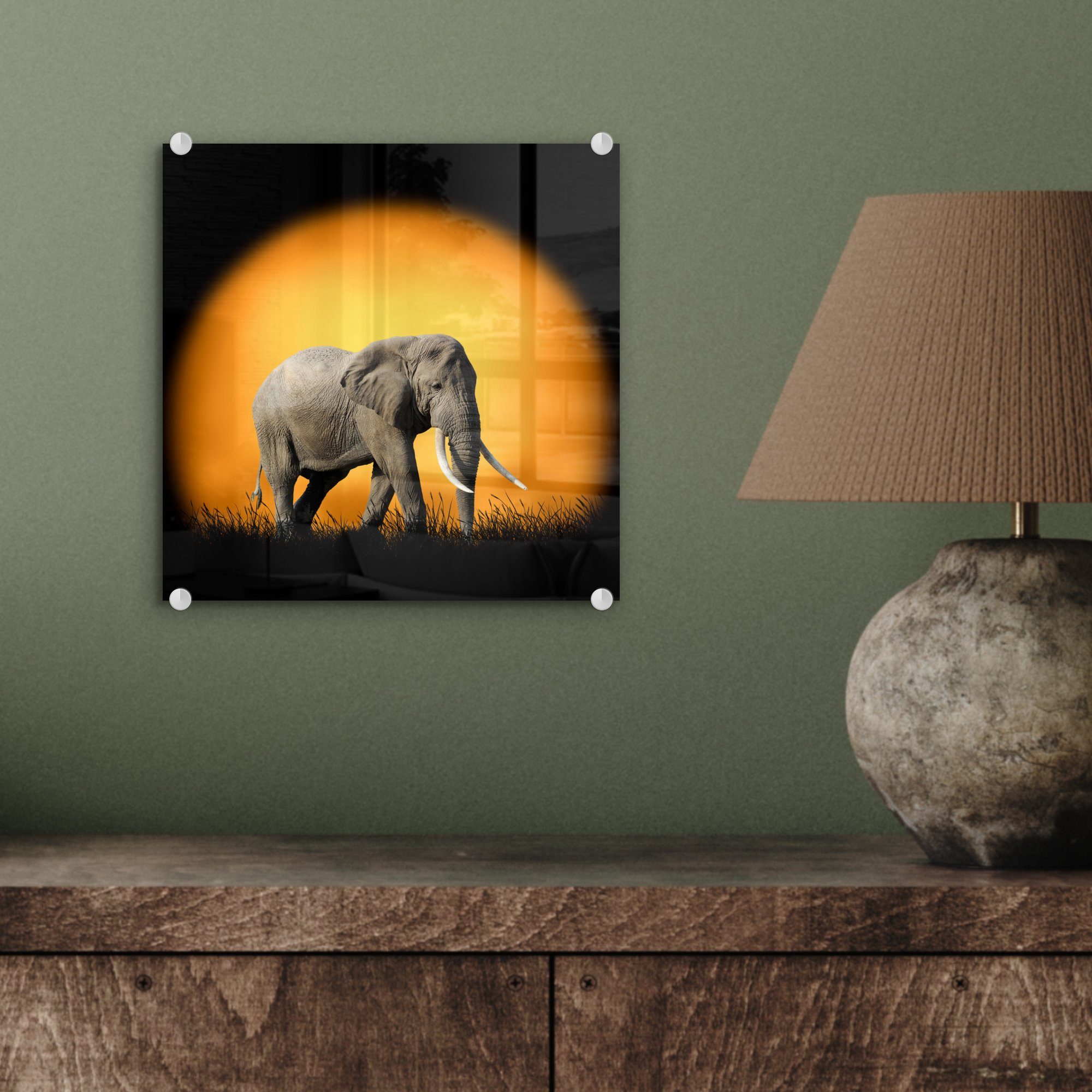 - auf - Sonne Elefant - Glas St), Wanddekoration - - Zähne, Foto Glas Wandbild Acrylglasbild MuchoWow Bilder auf (1 Glasbilder