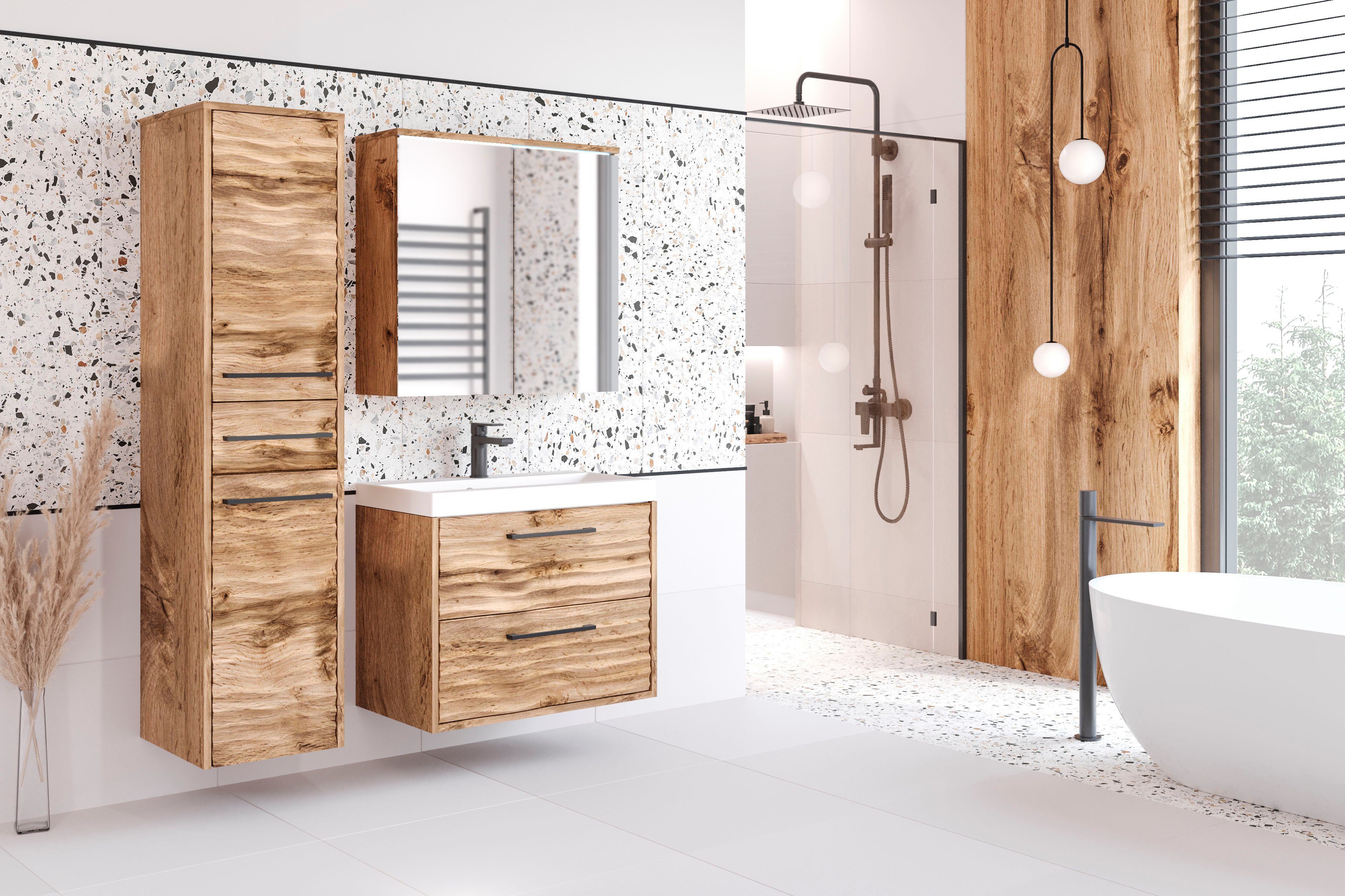 welltime Badmöbel-Set Canada - Fronten mit Wellenstruktur, (Komplett-Set, 3 günstig online kaufen