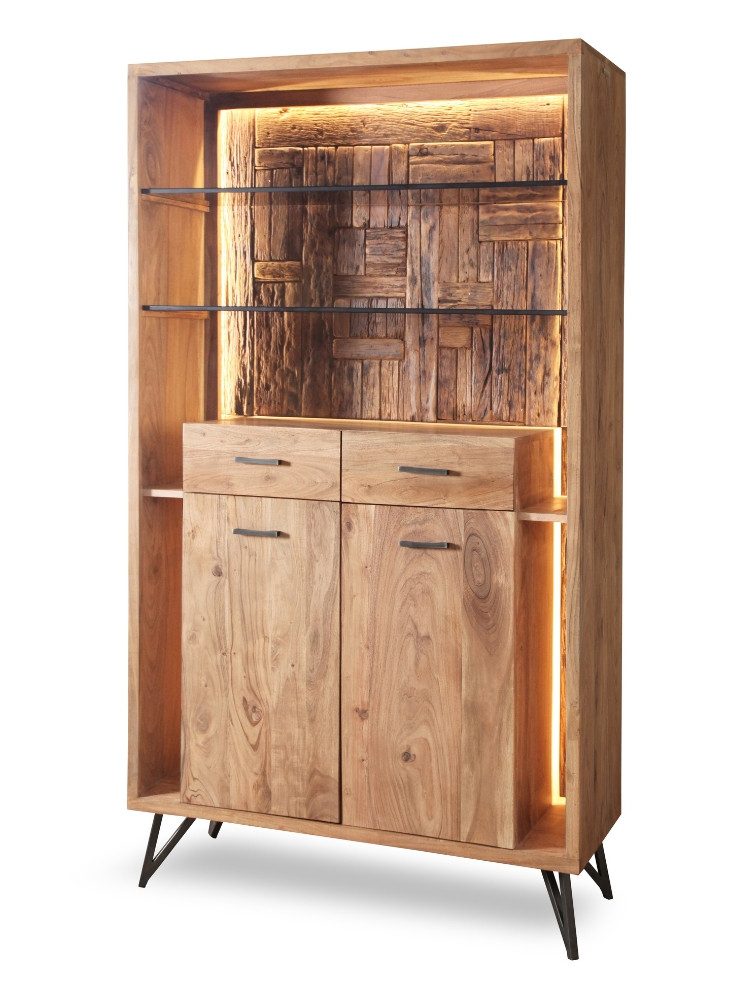 WOLF MÖBEL Ablageregal HUDSON Regal mit 2 Türen/2 Schubladen/2 Glasböden/ Licht, 115x40x195, HUDSON Regal mit 2 Türen/2 Schubladen/2 Glasböden/ Licht
