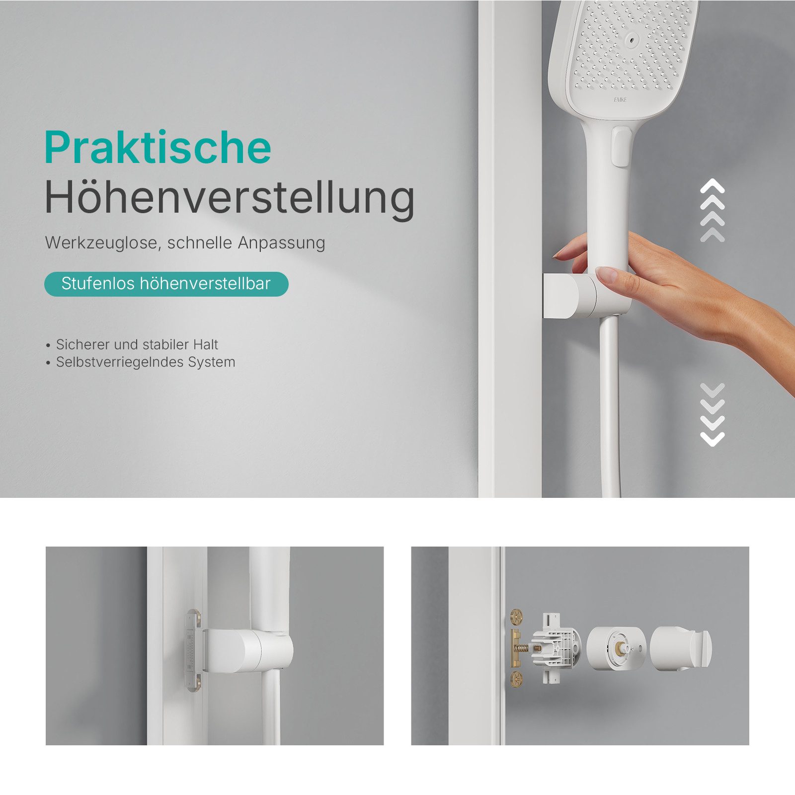EMKE Duschsystem mit Thermostat, Regendusche und Handbrause – Höhenverstellbare, Höhe 112 cm, 3 Strahlart(en), 36x24 cm Regendusche Handbrause, Brausestange und 150cm Schlauch
