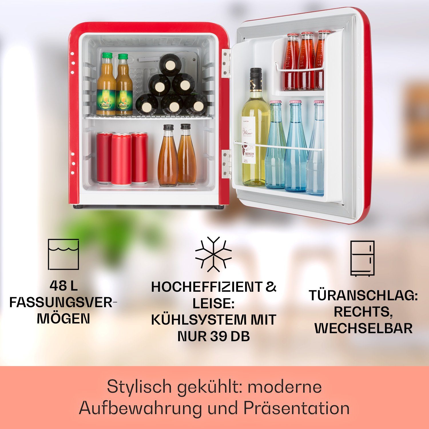 Klarstein Table Top Kühlschrank HEA13-Audreys-R 10033345A, 50 cm hoch, 44  cm breit, Hausbar Minikühlschrank ohne Gefrierfach Getränkekühlschrank klein