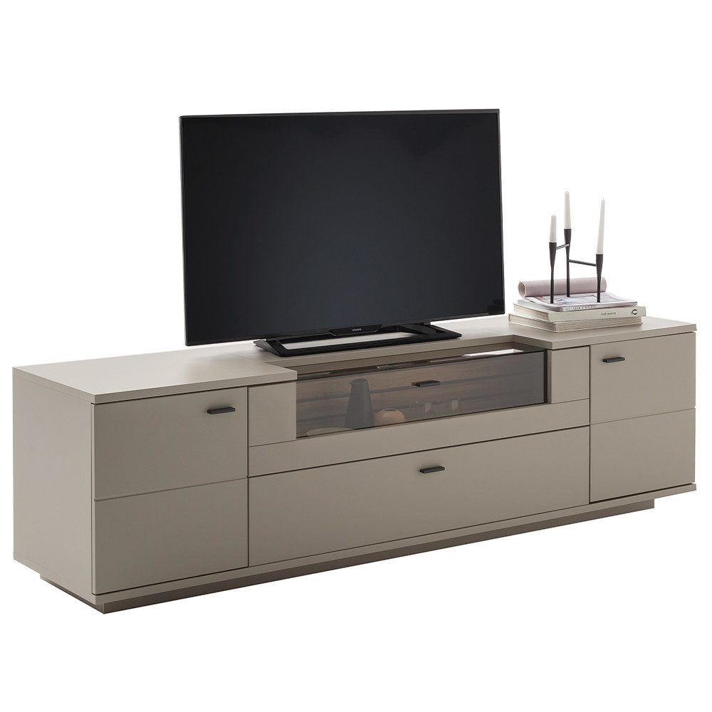 Lomadox Lowboard LIEZEN-05, Grau mit Rückwand in Eiche, Breite 210 cm, Glaselement, montiert