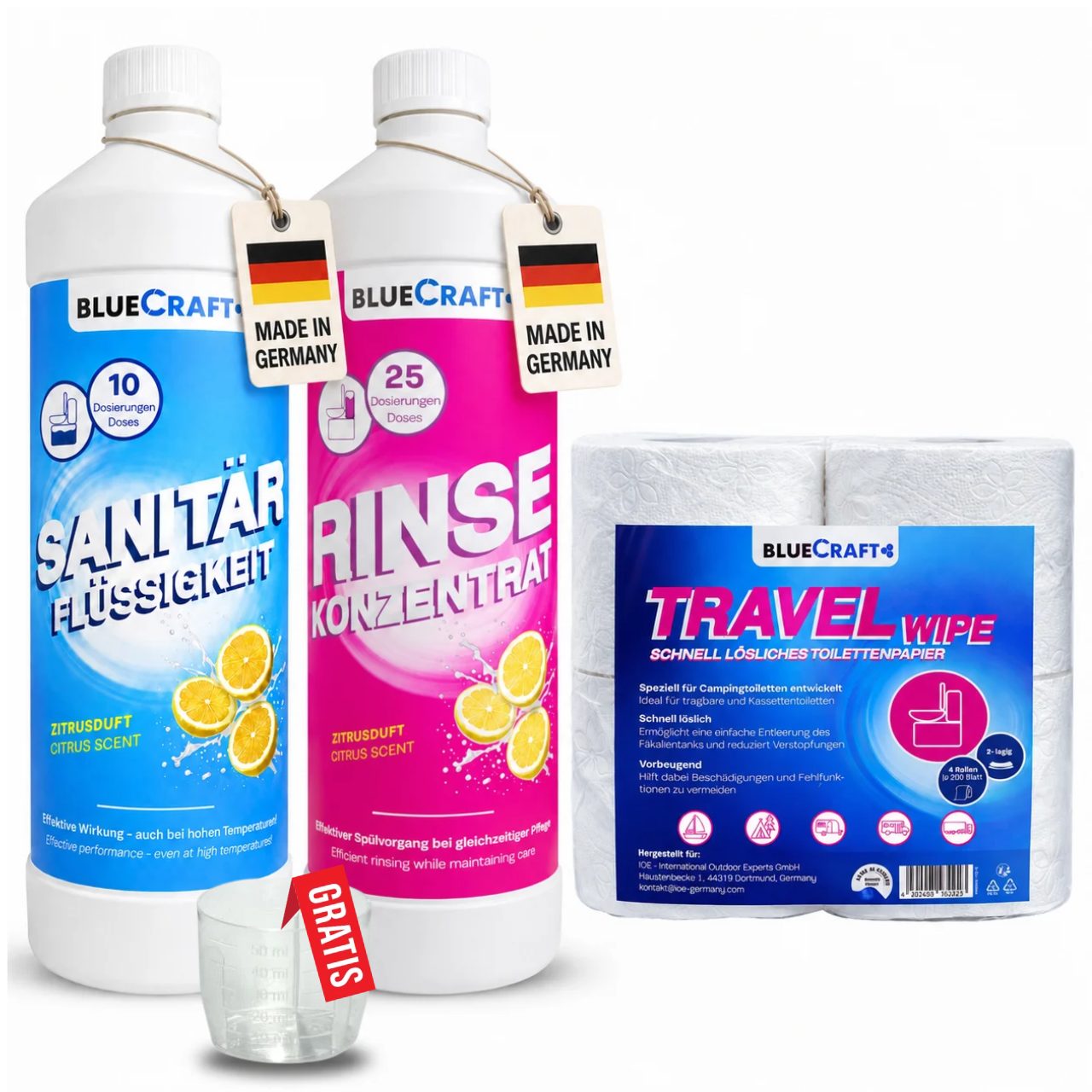 BlueCraft Bluecraft Sanitärzusatz Set mit Toilettenpapier für Campingtoilette Campingtoilettenreiniger (1x 1 L Sanitärflüssigkeit + 1x 1L Rinse + 4 Rollen Toilettenpapier, Sanitärkonzentrat für Abwassertank bei Wohnmobilen, Wohnwagen, Camper)