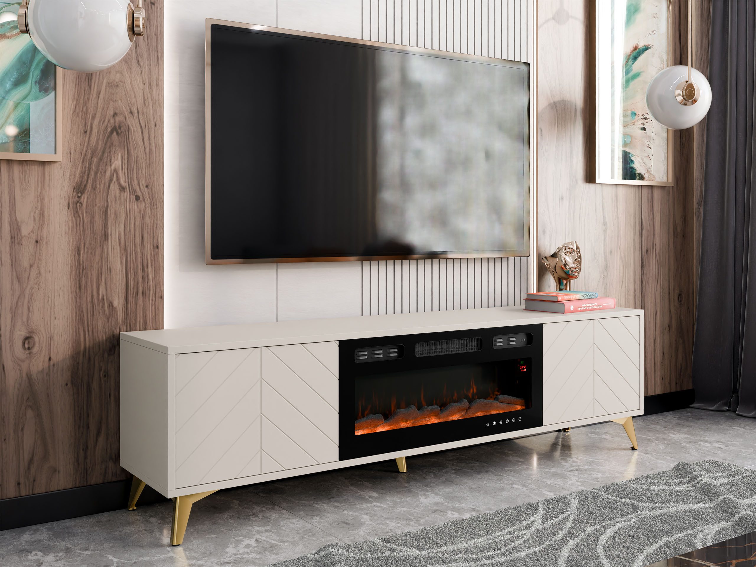 MIRJAN24 TV-Schrank Xylix 2D EF mit Elektrische Kamin (mit zwei Drehtüren) Realistische LED-Flamme, Füße aus Metall in der Farbe Gold