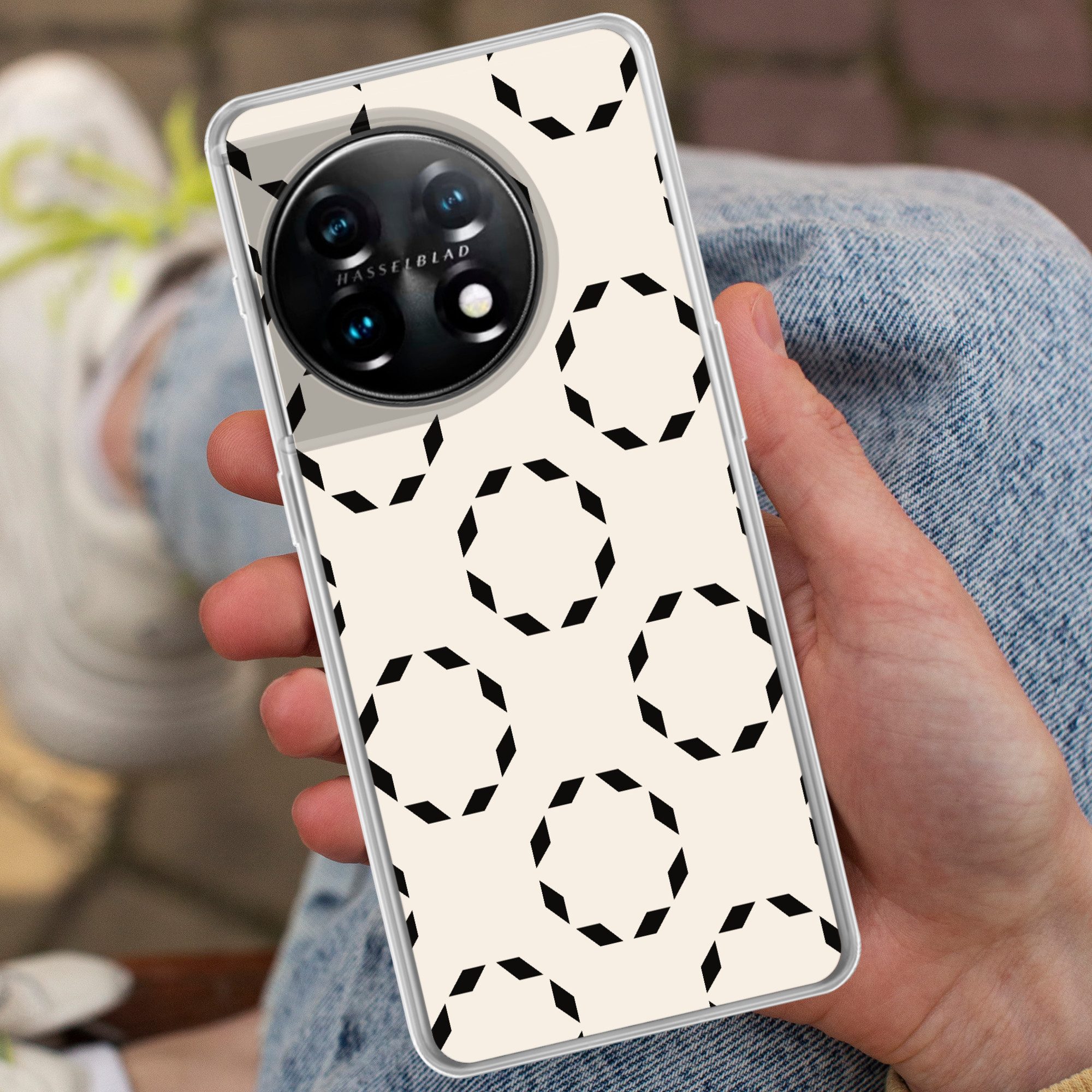 MuchoWow Handyhülle für OnePlus 11 Kreise - Muster - Schwarz - Beige - Abstrakt, Handy Case, Silikon, Bumper Case Dünn
