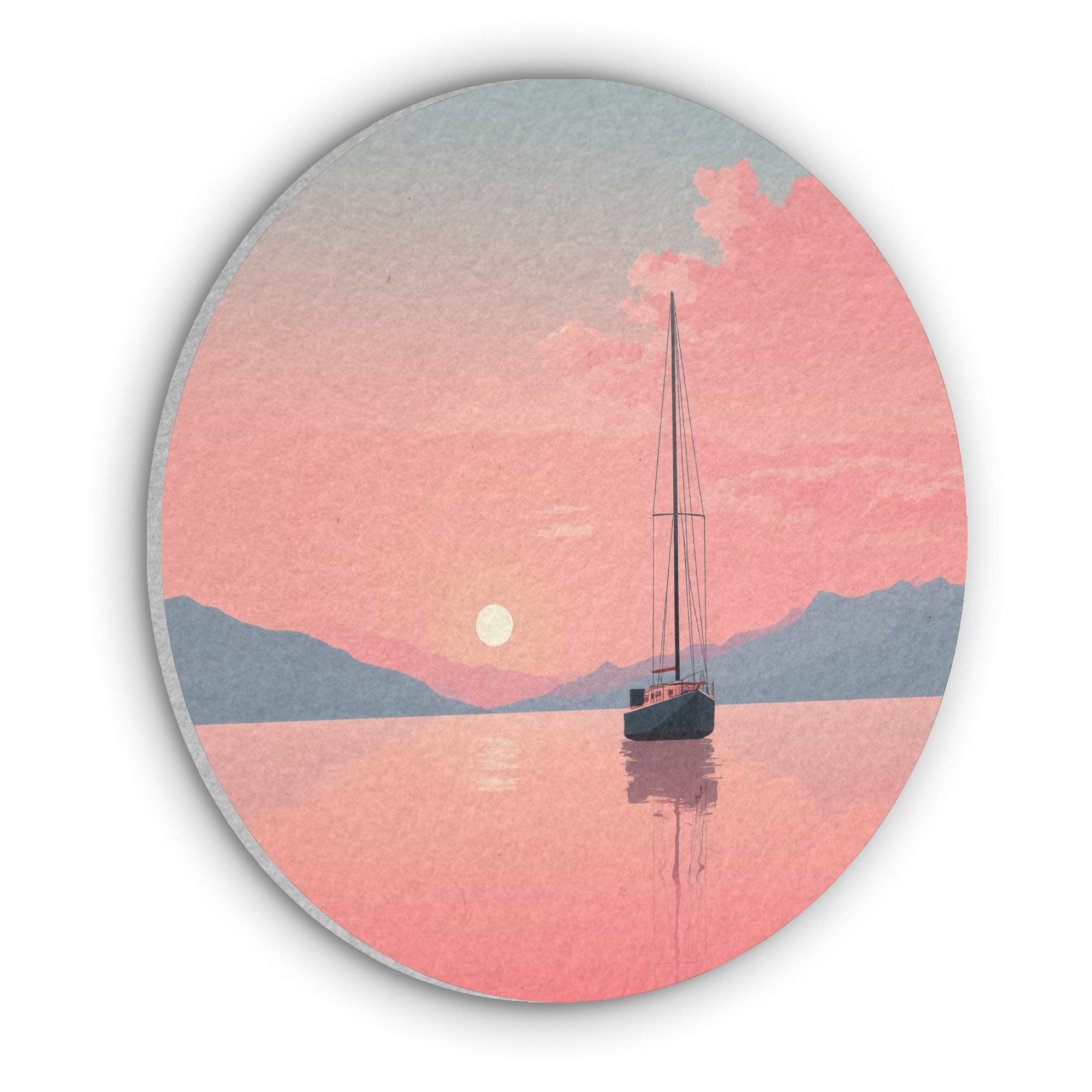 MuchoWow Gemälde Segelboot - Rosa Meer - Sonnenuntergang - Berge, Fotodruck (1 St), Akustikpaneele rund, Schalldämmung, Akustikbilder 30x30 cm