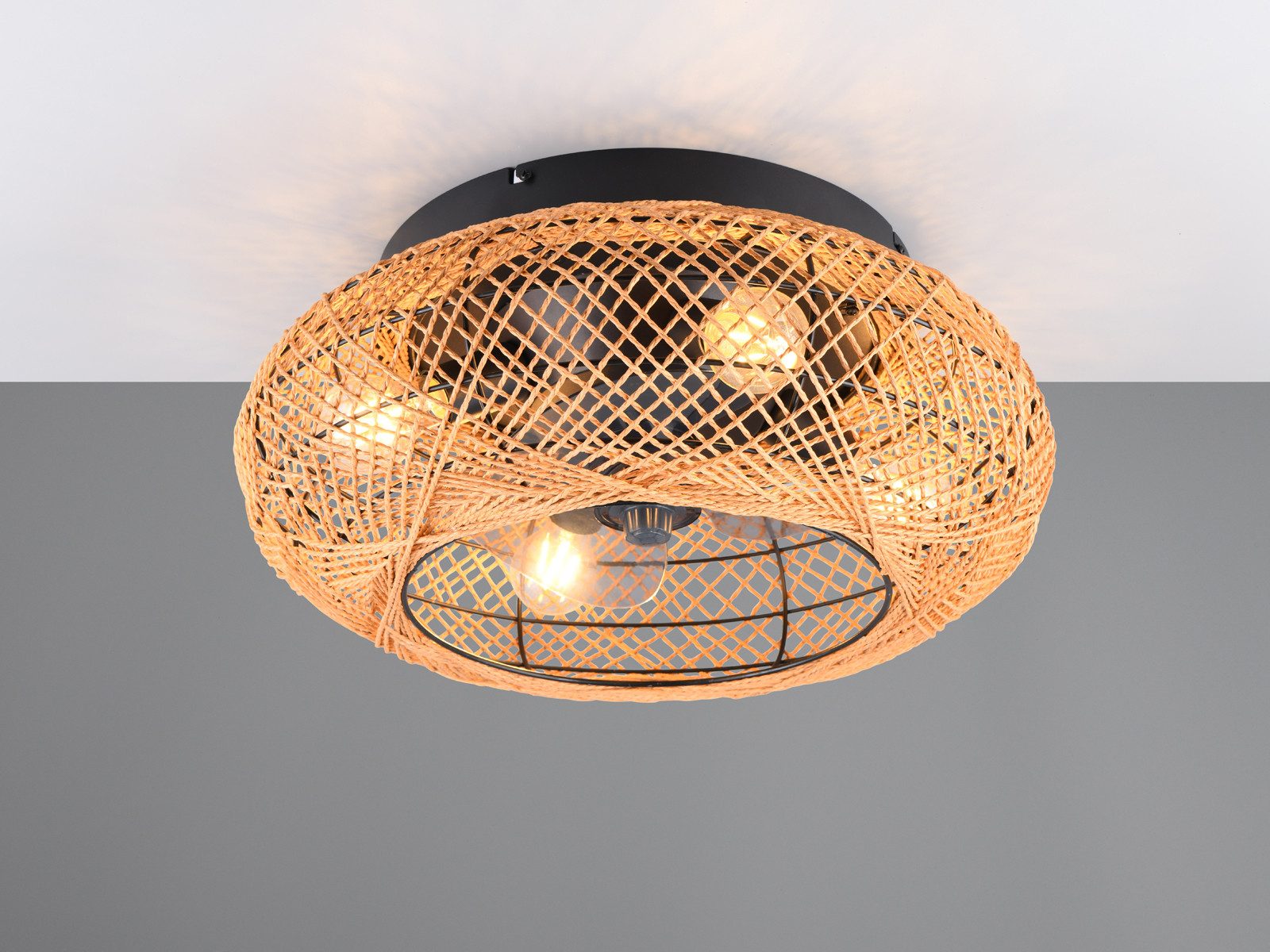 Reality Leuchten LED Deckenleuchte, Ventilatorfunktion, LED wechselbar, Warmweiß, ausgefallene Korb-Lampe mit Papier Lampenschirm Boho Style Ø 50cm