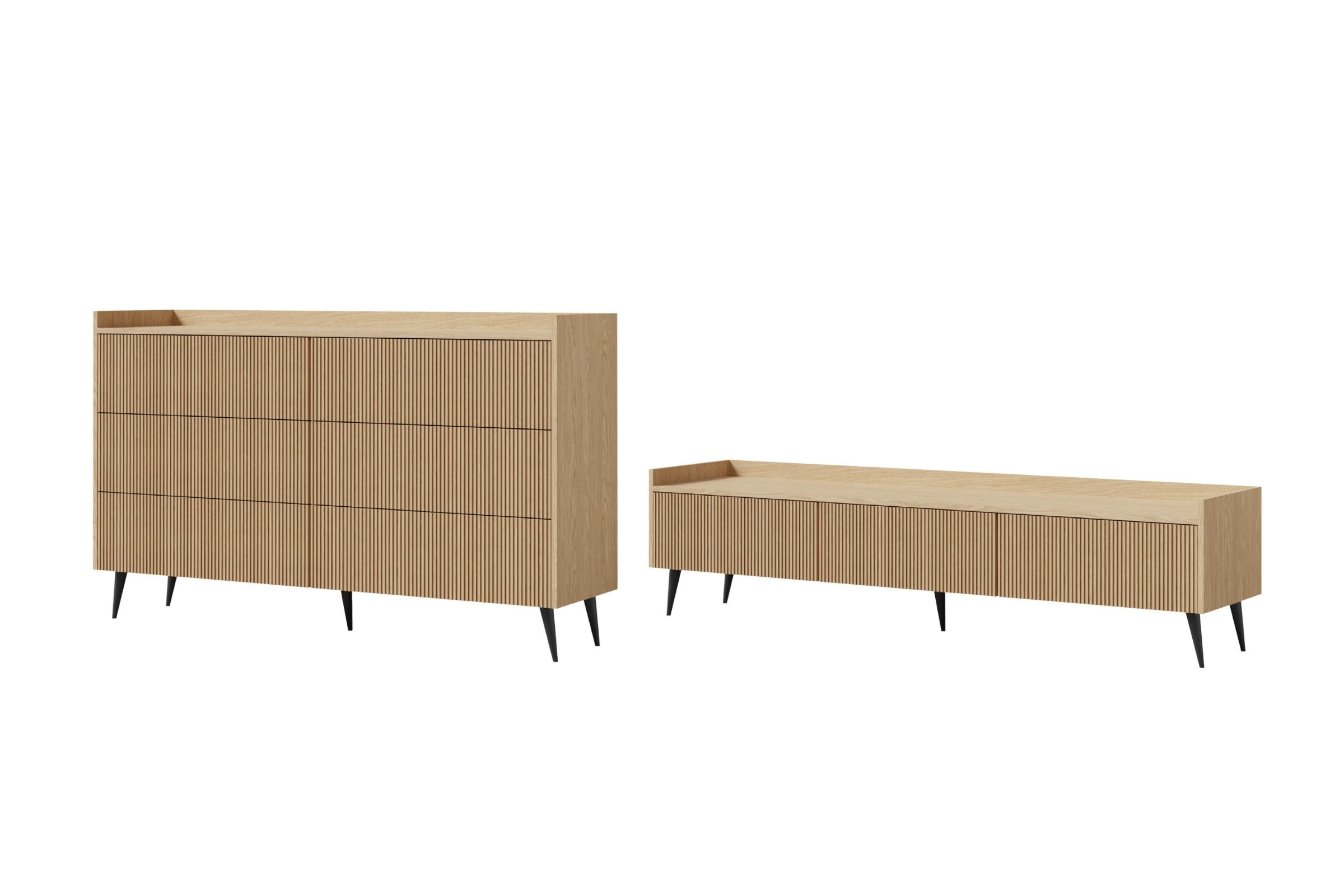 Deine Möbel 24 Wohnzimmer-Set DALIA B 2-tlg. mit Kommode und TV-Lowboard in Frühlingseiche, (schwarze Metallfüßen, viel Stauraum, 2-St), mit dekorativen Riffelfronten, Push-to-Open-System