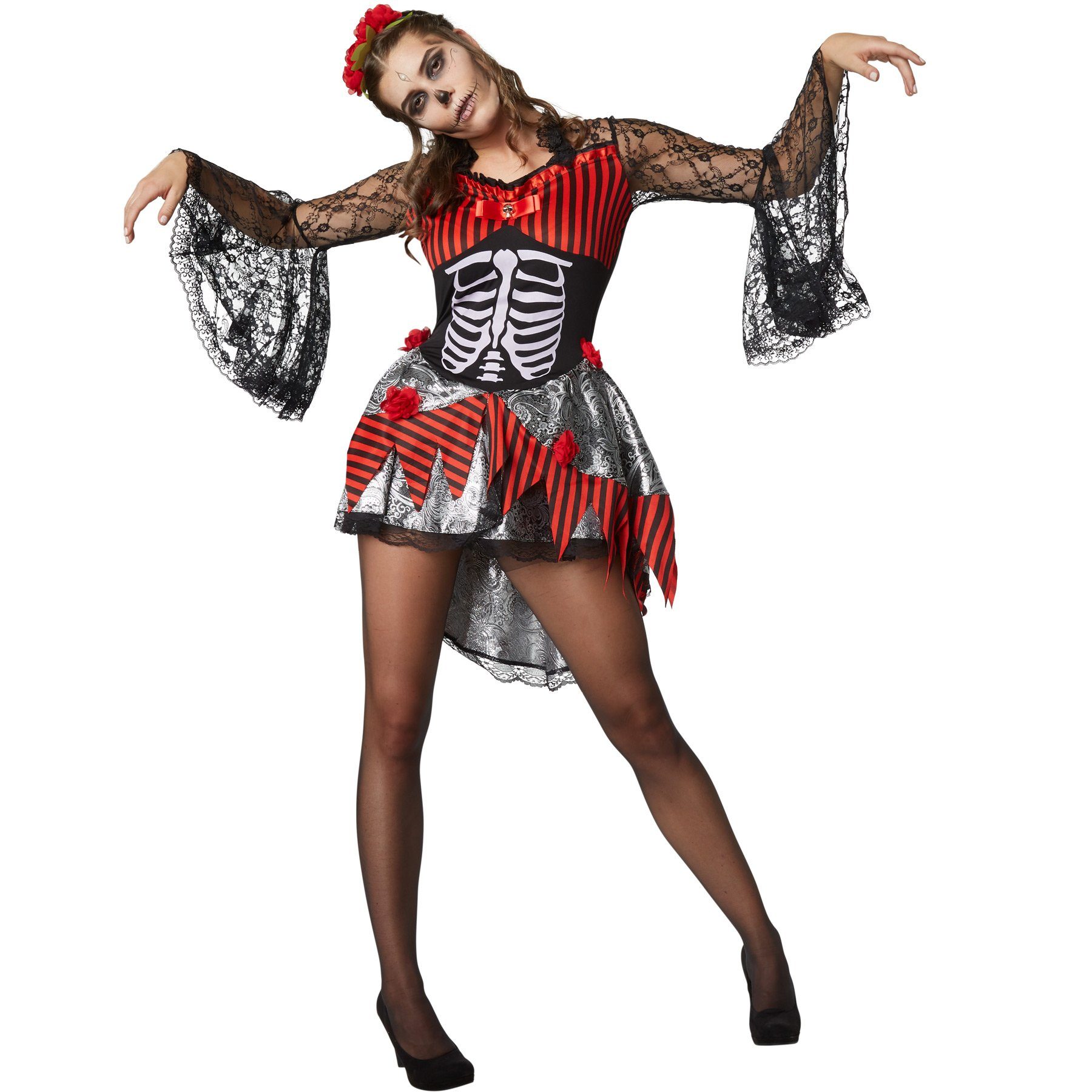 dressforfun Kostüm Frauenkostüm Gruselige Tänzerin, Kurzkleid mit Knochenaufdruck und Totenkopf