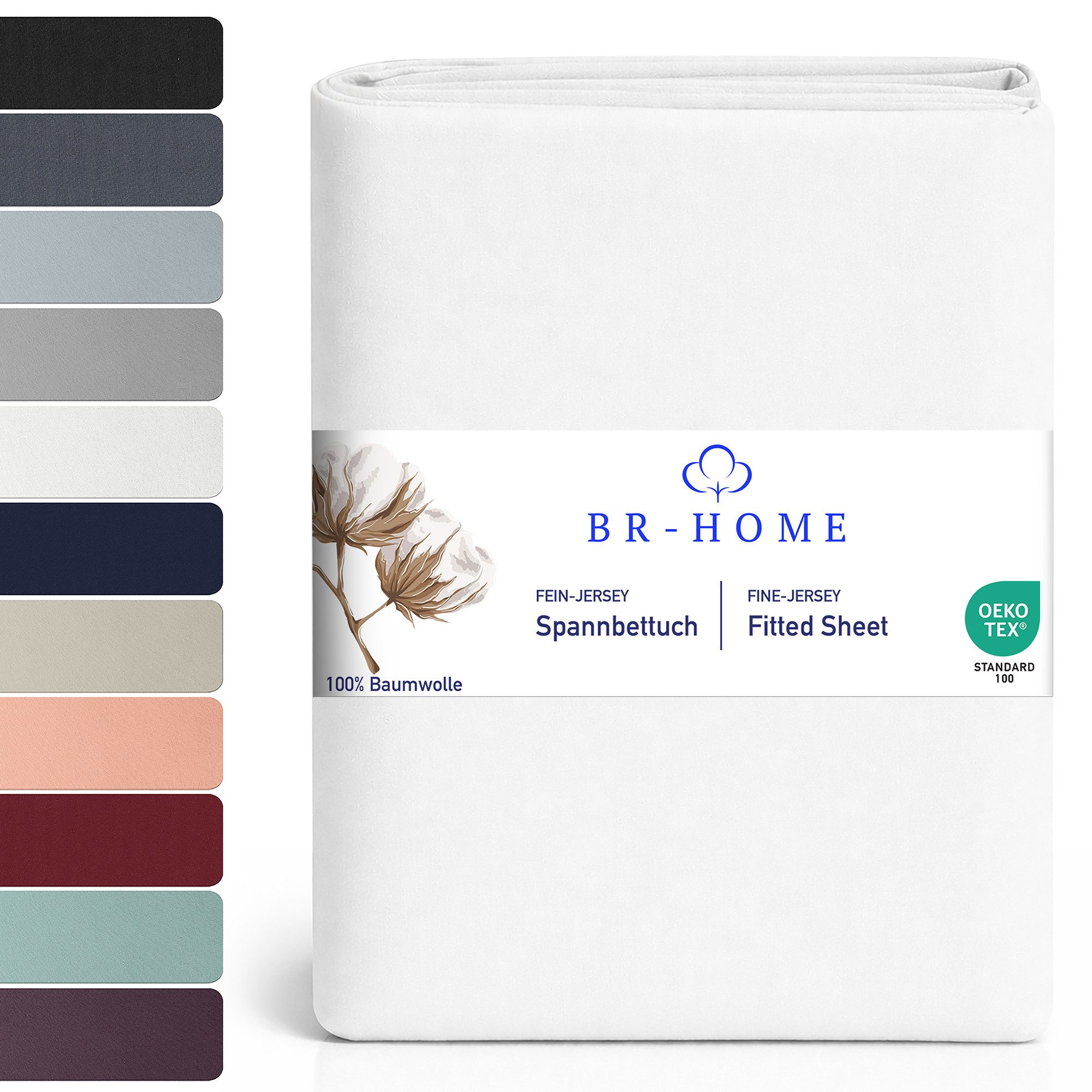 BR-Home Spannbettlaken bis zu 25cm, 100% Baumwolle Jersey Bettlaken, Spannbetttuch 145 g/m², Gummizug: rundum, (1 Stück), Rundumgummi, Atmungsaktiv