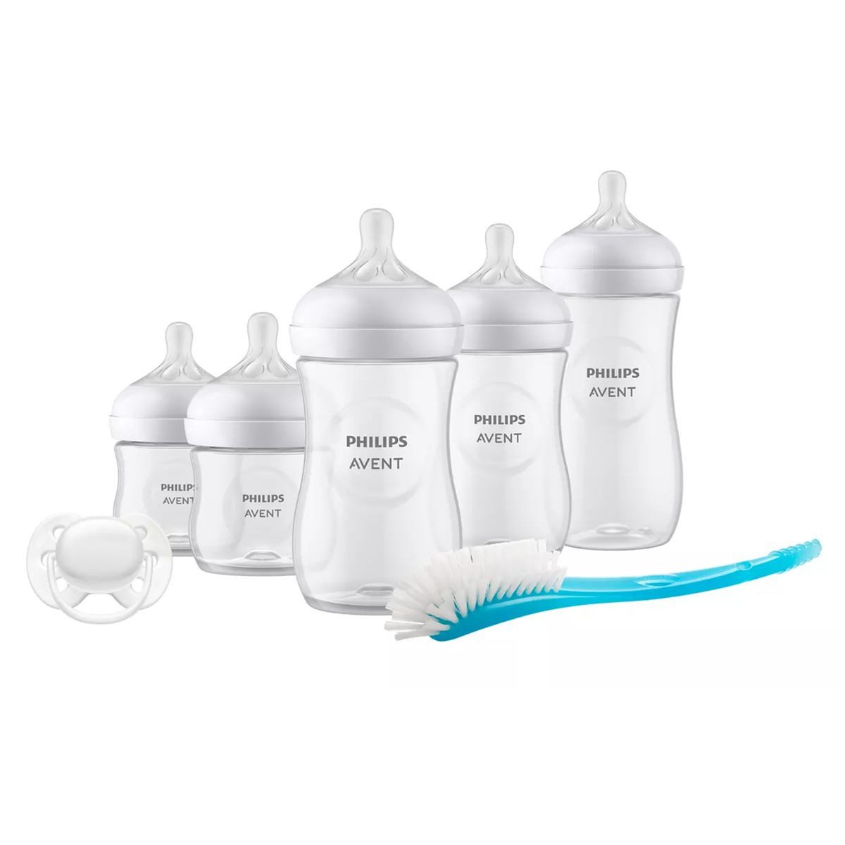 Philips AVENT Babyflasche Neugeborenen-Starter-Set Natural, 5 Baby Flaschen mit Silikon-Sauger, Schnuller & Flaschenbürste