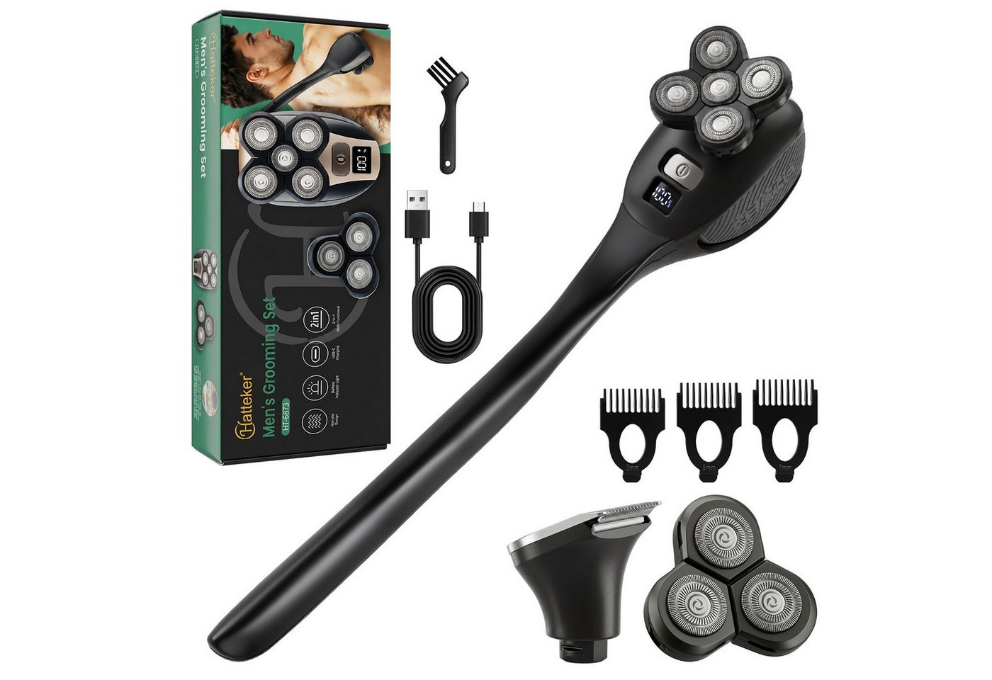 HATTEKER Elektrorasierer HT-6873, Aufsätze: 1, Kopf- und Rückenrasierer, Bartschneider Präzisionstrimmer, 2-in-1