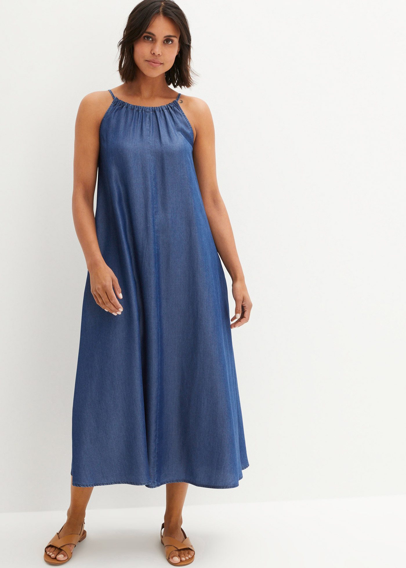 bonprix Jeanskleid mit Rundhals, Schleifenverschluss im Nacken und Seitenschlitzen