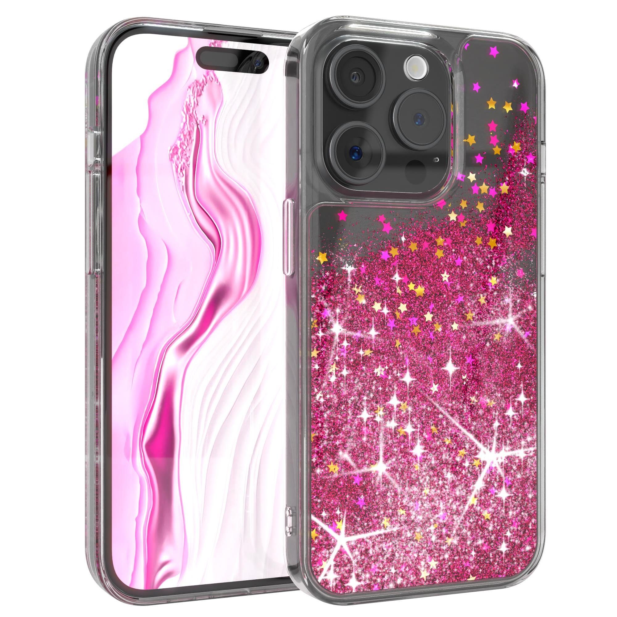EAZY CASE Handyhülle Liquid Glittery Case für Apple iPhone 15 Pro 6,1 Zoll, Glitzerhülle Shiny Slimcover stoßfest Durchsichtig Bumper Case Pink