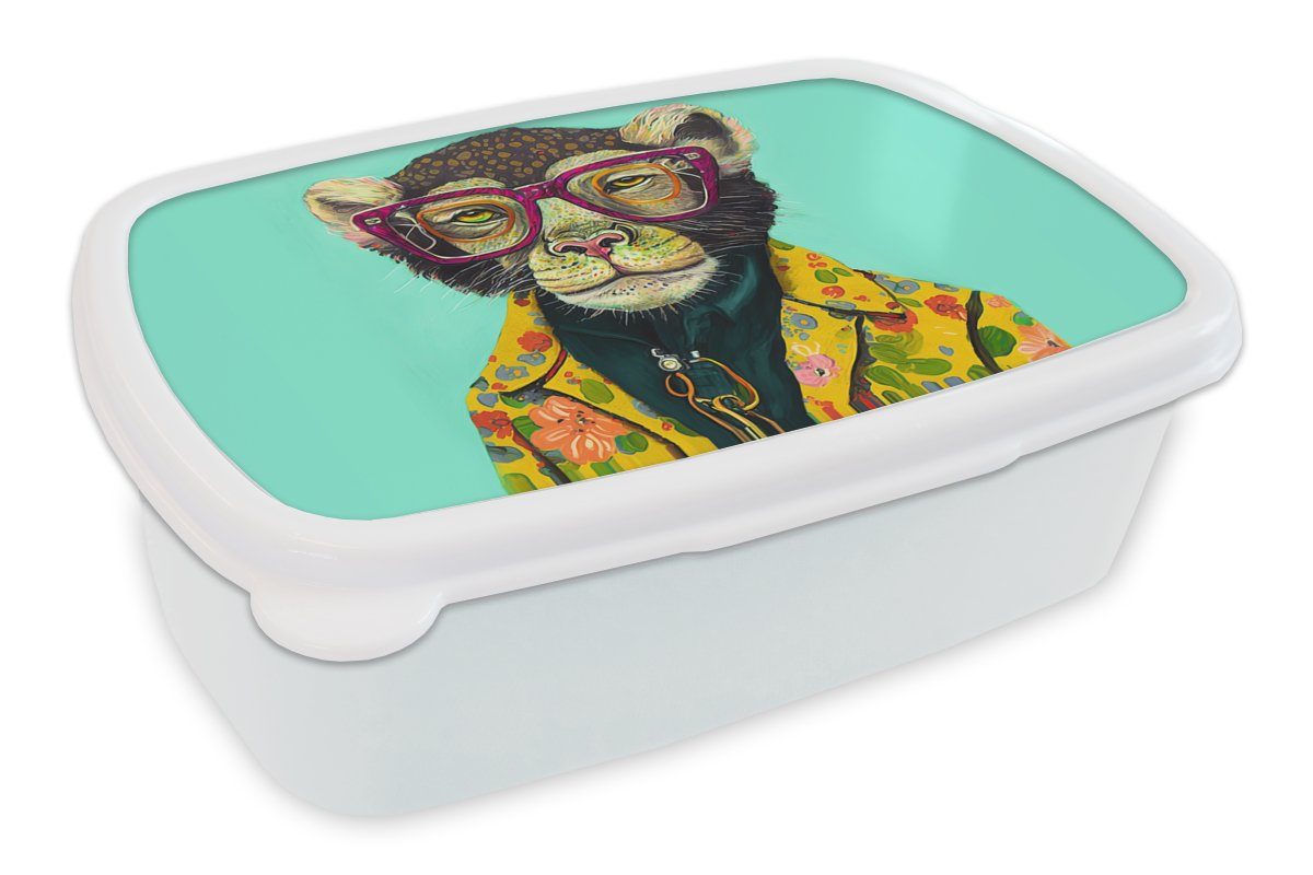 MuchoWow Lunchbox Design - Rosa - Brille - Affe - Tiere, Kunststoff, (2-tlg), Brotbox für Kinder und Erwachsene, Brotdose, für Jungs und Mädchen weiß