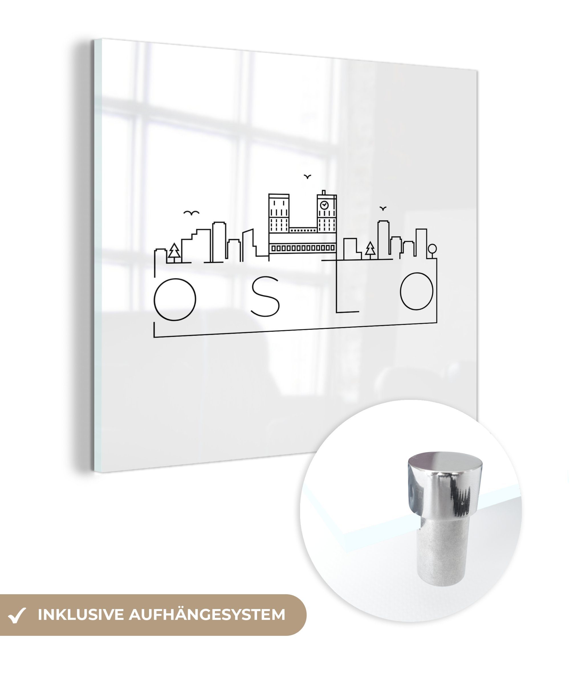 MuchoWow Acrylglasbild Skyline St), Wanddekoration Glasbilder mit (1 - - auf - Foto Glas auf Wandbild "Oslo" Bilder Glas weißem Hintergrund