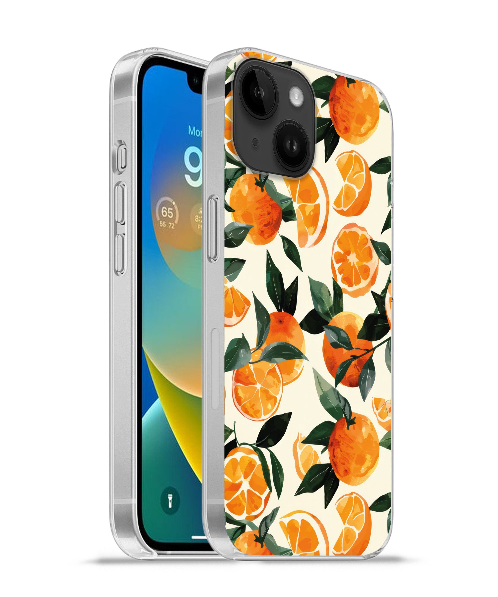 MuchoWow Handyhülle für Apple iPhone 14 Orangen - Früchte - Blätter - Orange - Grün - Beig, Smartphone-Bumper, Print, Handy Schutzhülle Dünn