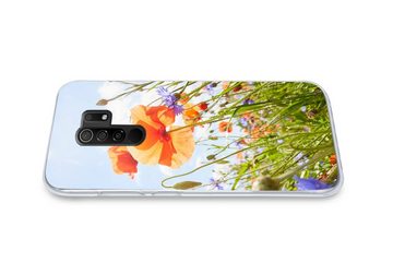 MuchoWow Handyhülle Blumen - Mohn - Frühling - Natur - Rot - Blau, Phone Case, Handyhülle Xiaomi Redmi 9, Silikon, Schutzhülle