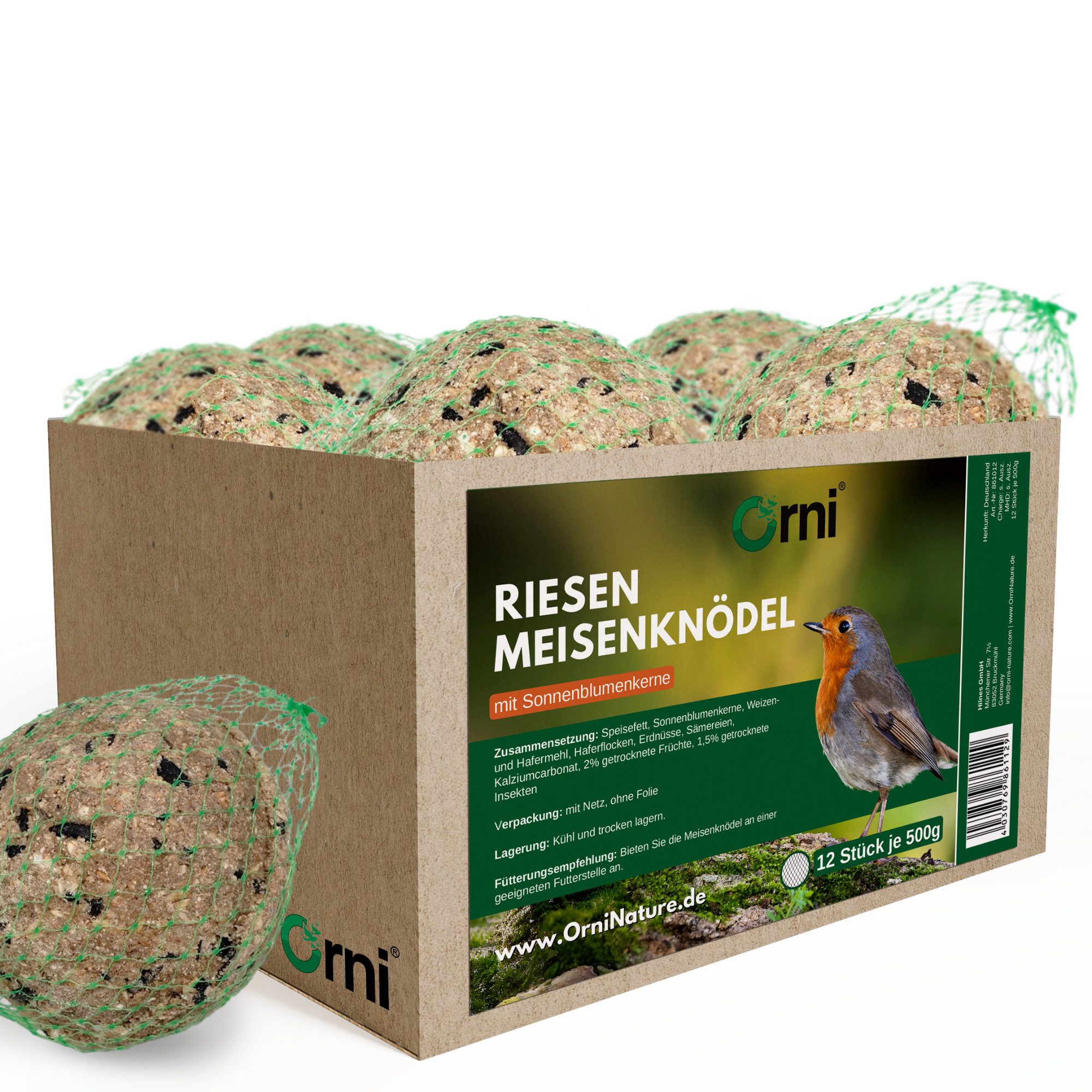 Orni 12 Stück Riesen Meisenknödel 500g - Energiereicher Ganzjahresknödel Sonnenblumenkerne, Hauptfutter für: Wildvogel