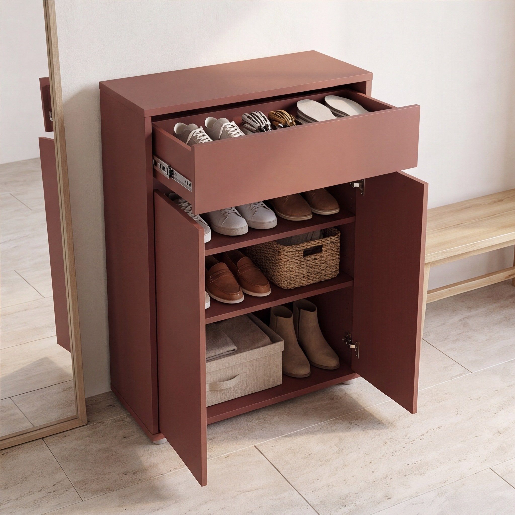 Newroom Schuhschrank Terrakotta 75 cm grifflos mit Schublade und 2 Türen für Flur und Diele – Bild 5 von 5