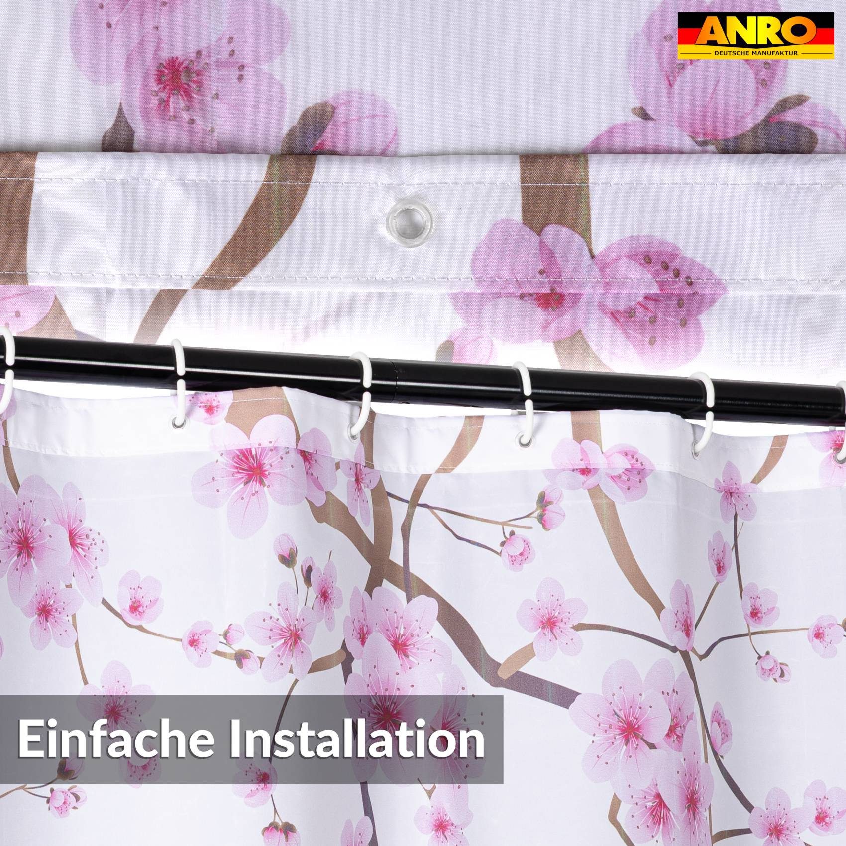 ANRO Duschvorhang FASTY Sakura Anti-Schimmel Polyester Badezimmervorhang Bad-Stoff Breite 120 cm (Packung, 1-tlg., Duschvorhang inkl. Aufhängeringe), robuster Vorhang Stangenaufhängung 120x200cm Japanisches Floral Rosa
