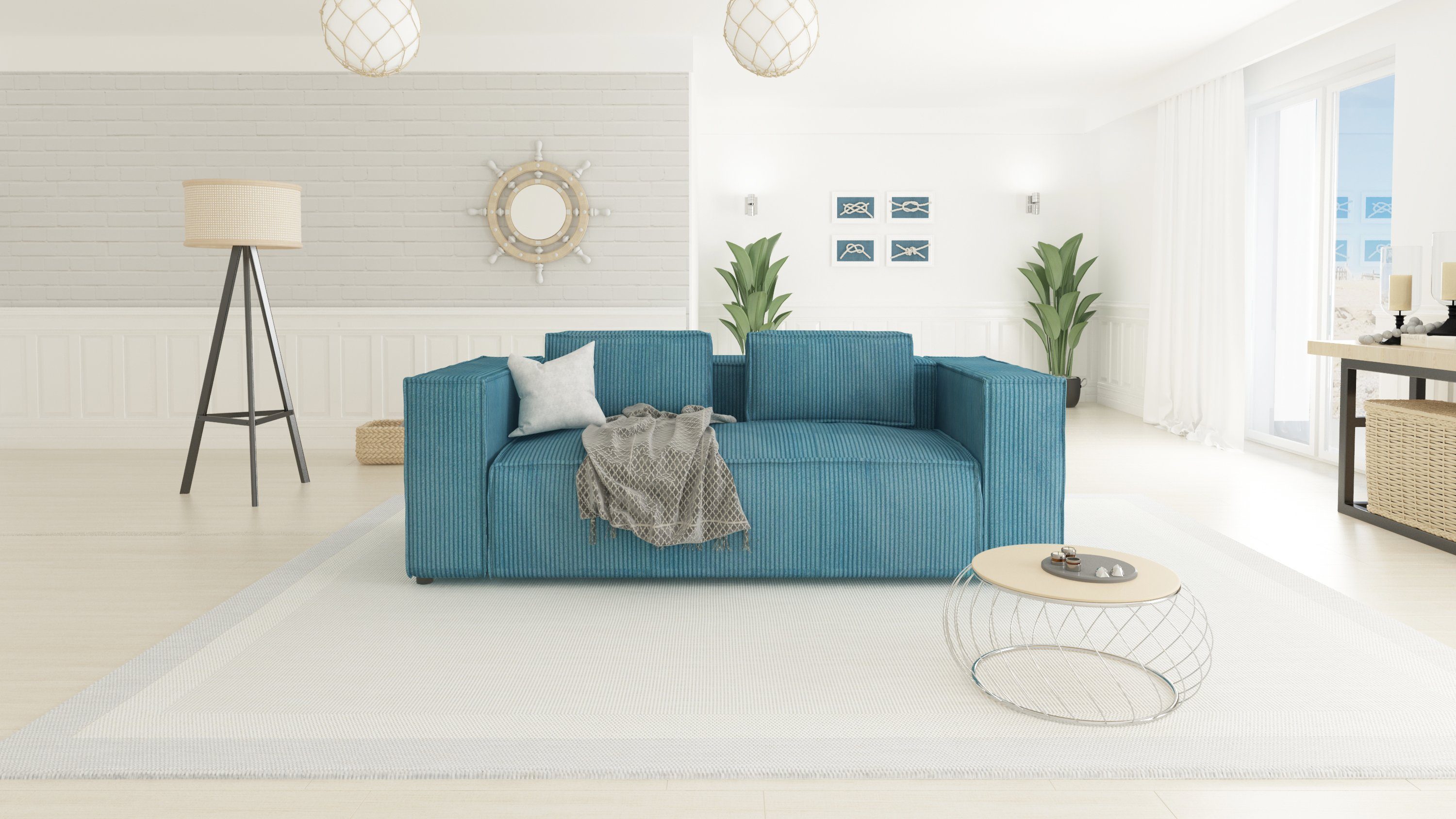S-Style Sofa Teile, Türkis 2-Sitzer Cord Möbel 1 mit Wellenfederung Renne,