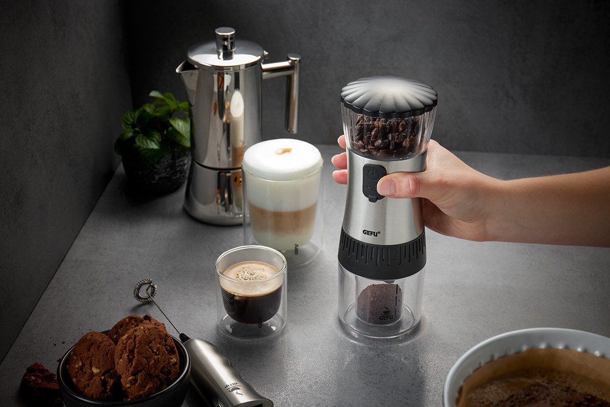 GEFU Kaffeemühle POLVE, Kegelmahlwerk, Keramikmahlwerk, stufenlos, Kompakt, leicht, USB