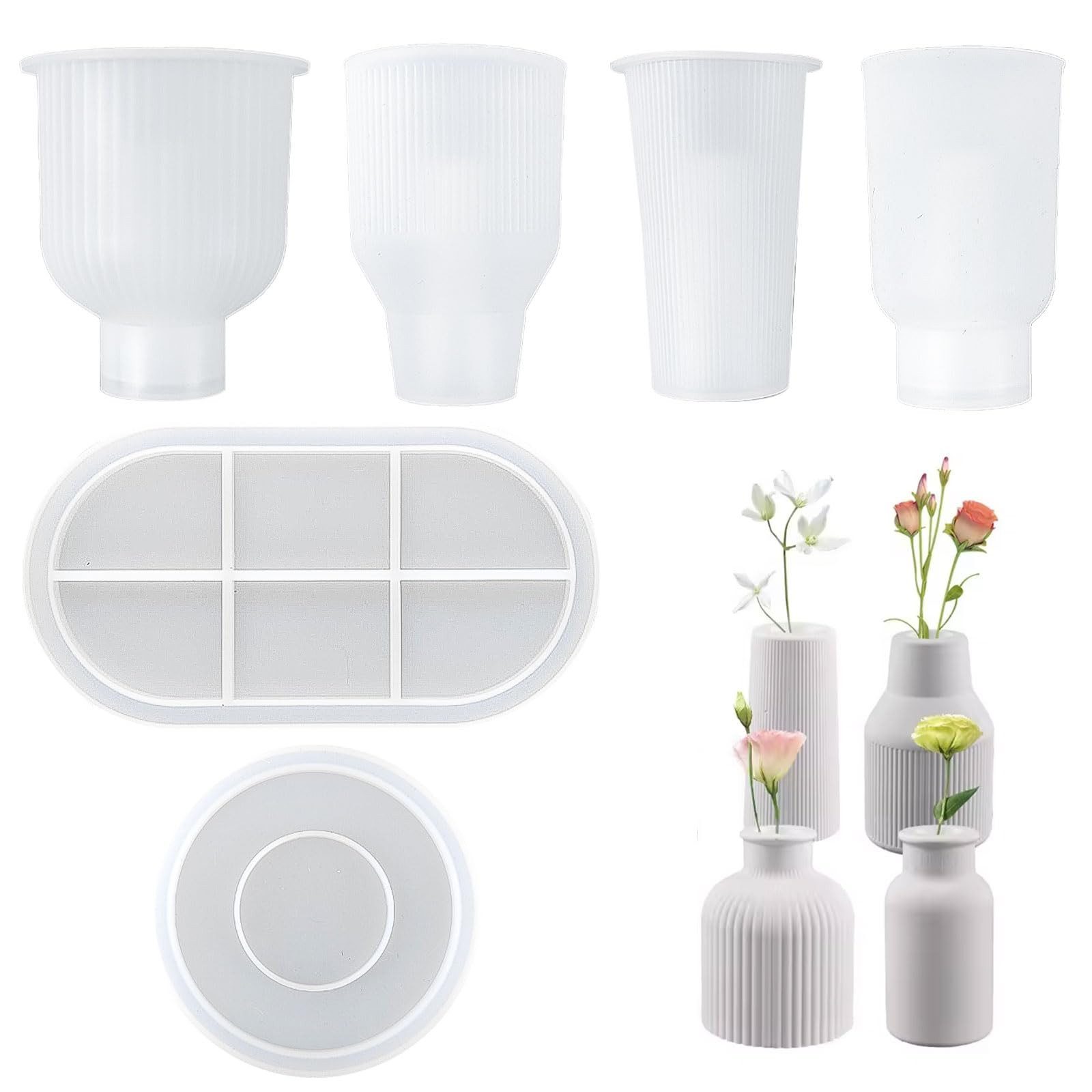FOUORTUNATE-BEE Backform Silikon Gießformen Set 6tlg Vasen Formen DIY Gießform Set, DIY Silikonformen Set Vasen Formen mit Untersetzer und Tablett