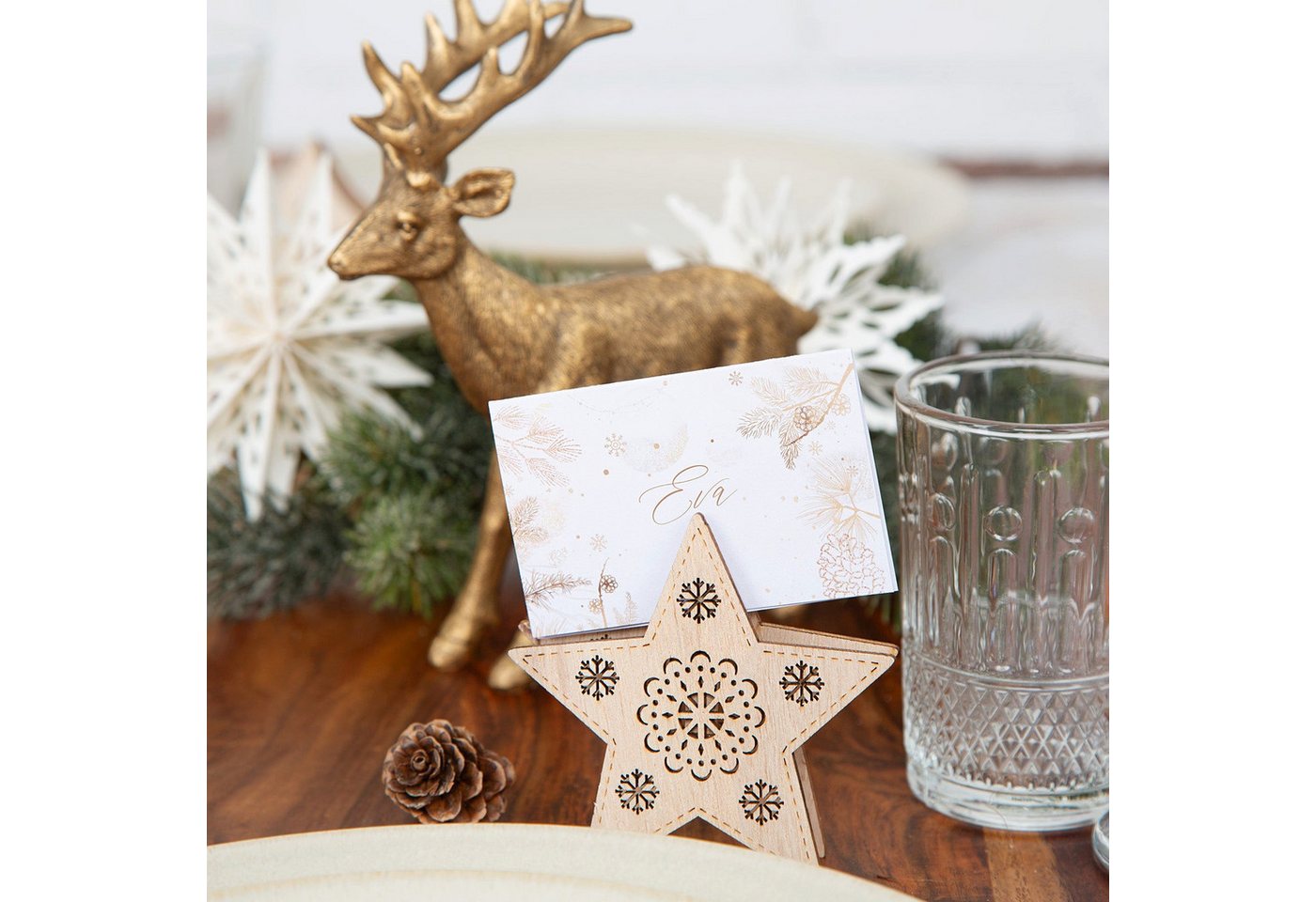 Thumbnail - Logbuch-Verlag Streudeko 6 Tischkartenhalter Sterne + Bäume aus Holz Weihnachtsklammer 9 cm