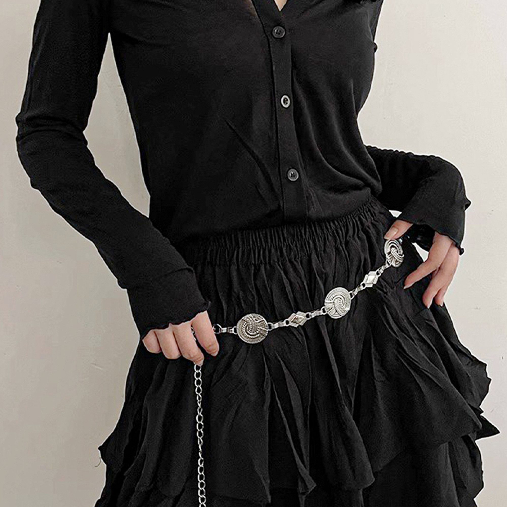 KARMA Hüftgürtel Hüftgürtel Damen silber oder Gold verstellbar 120 cm (Festival Kettengürtel Vintage, Boho Accessoire Modegürtel Taille Hüfte) Gürtel mit Medaillons Metallgürtel für Kleid Rock