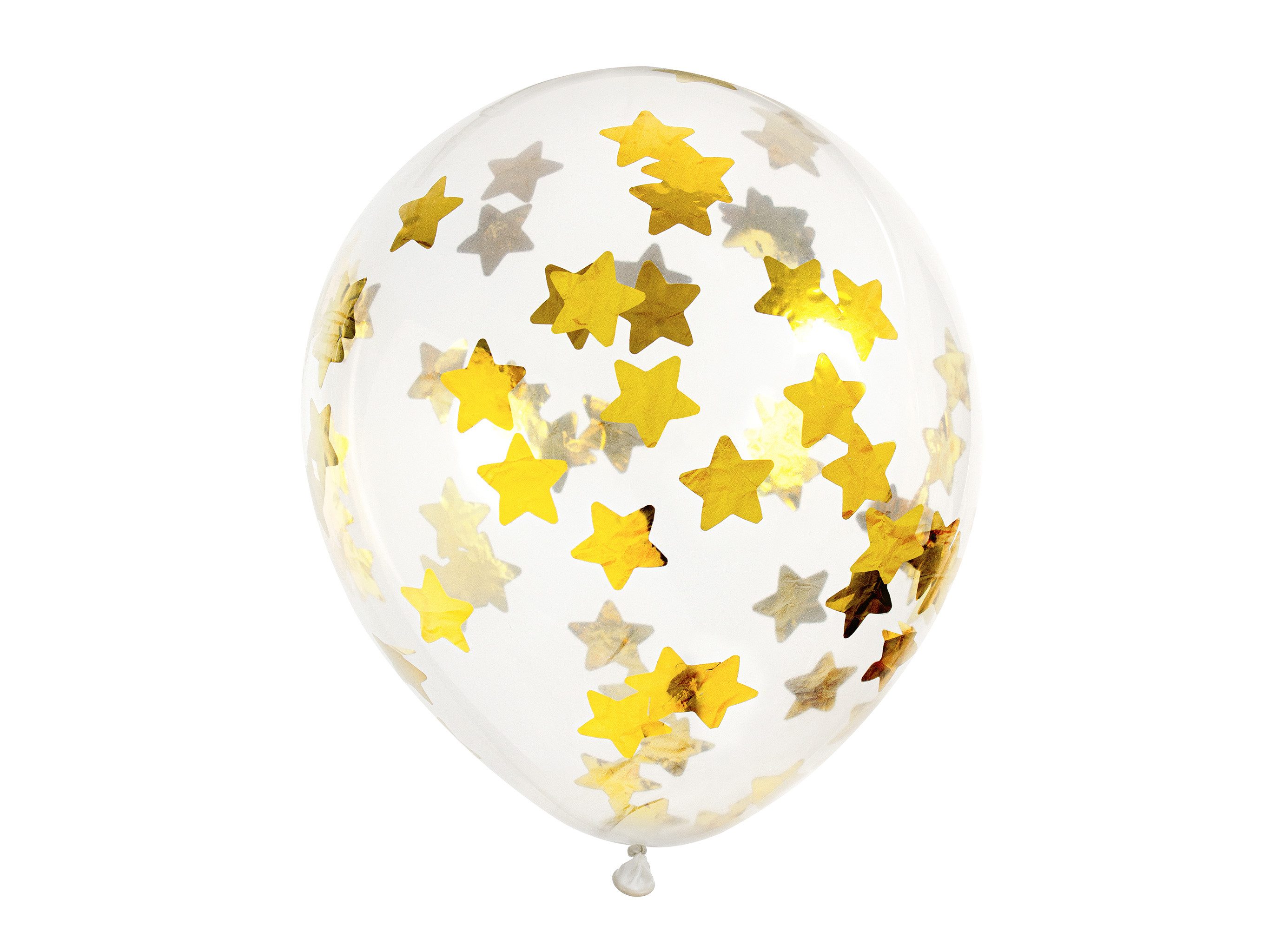 partydeco Luftballon, Luftballons Konfetti Sterne 30cm Klar Transparent / Gold 6er Set