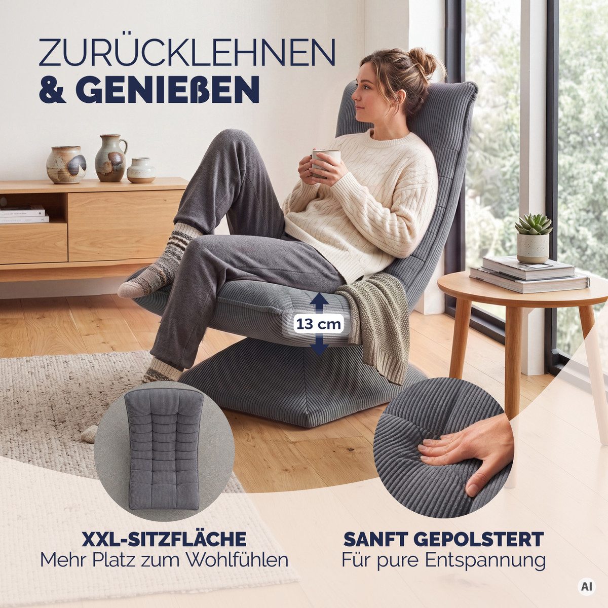 Casaria Relaxsessel Aberdeen Cord, verstellbare Lehne Drehbar Klappbar 150kg Belastbarkeit 60x105x87cm – Bild 2 von 5