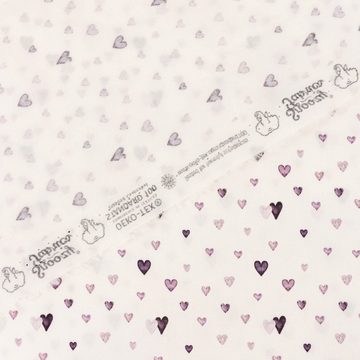 SCHÖNER LEBEN. Stoff Baumwollstoff Popeline Digitaldruck Herzchen weiß lila 1,50m, allergikergeeignet