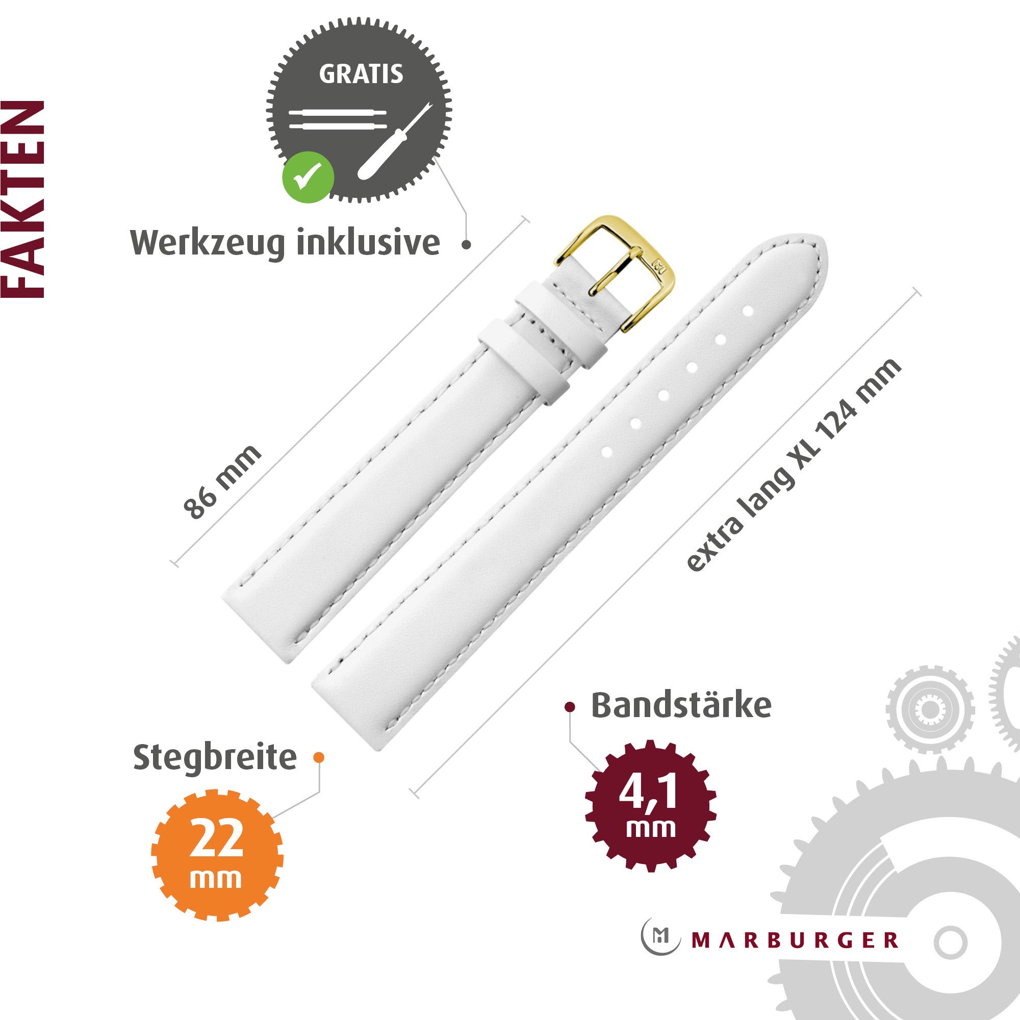 MARBURGER Uhrenarmband 22mm Leder XL Extra Lang